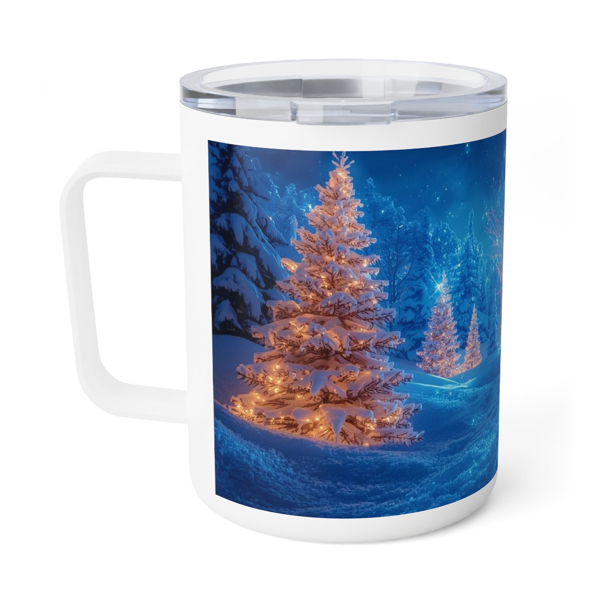 10oz Insulated Coffee Mug — Blue Snowy Winter Wonderland Holiday Scene