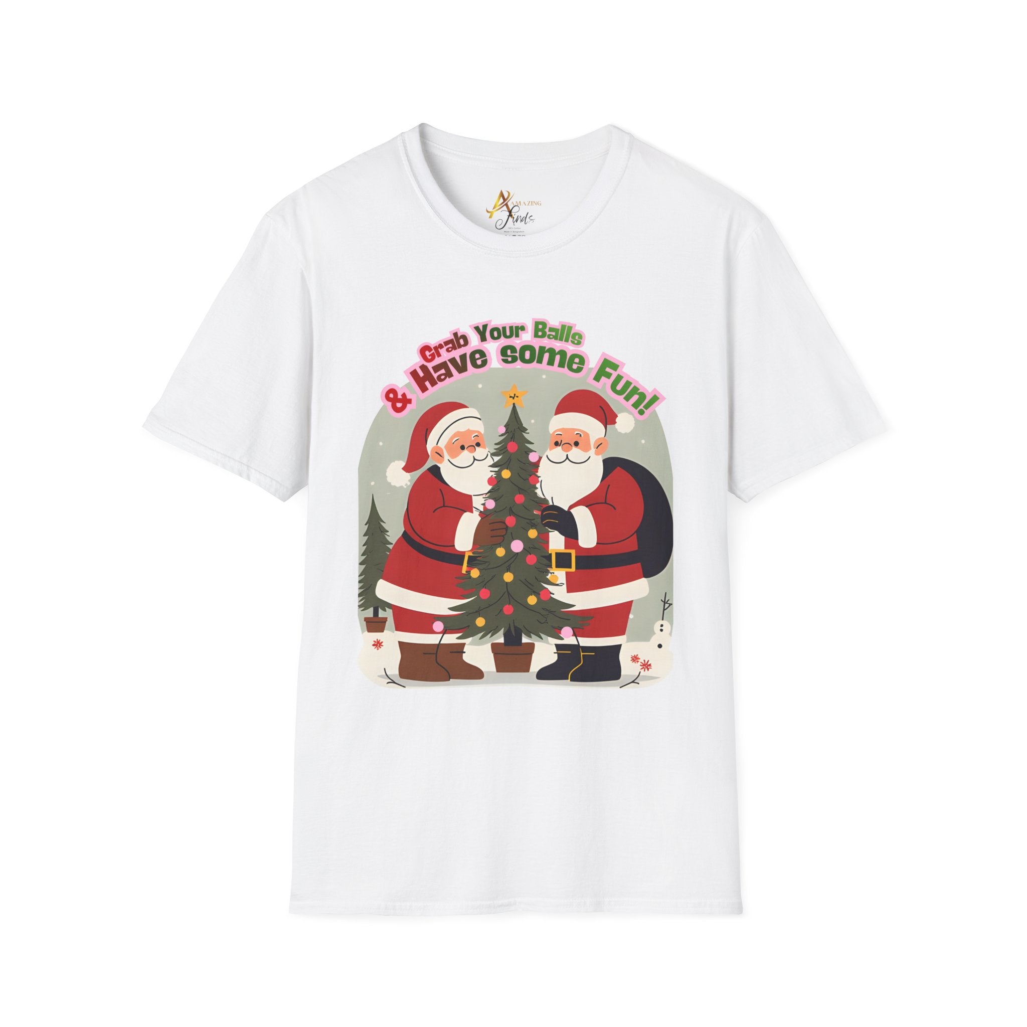 Adult Themed 2 Santa's Christmas T-Shirt — 'Grab Your Balls & Have Some Fun!'