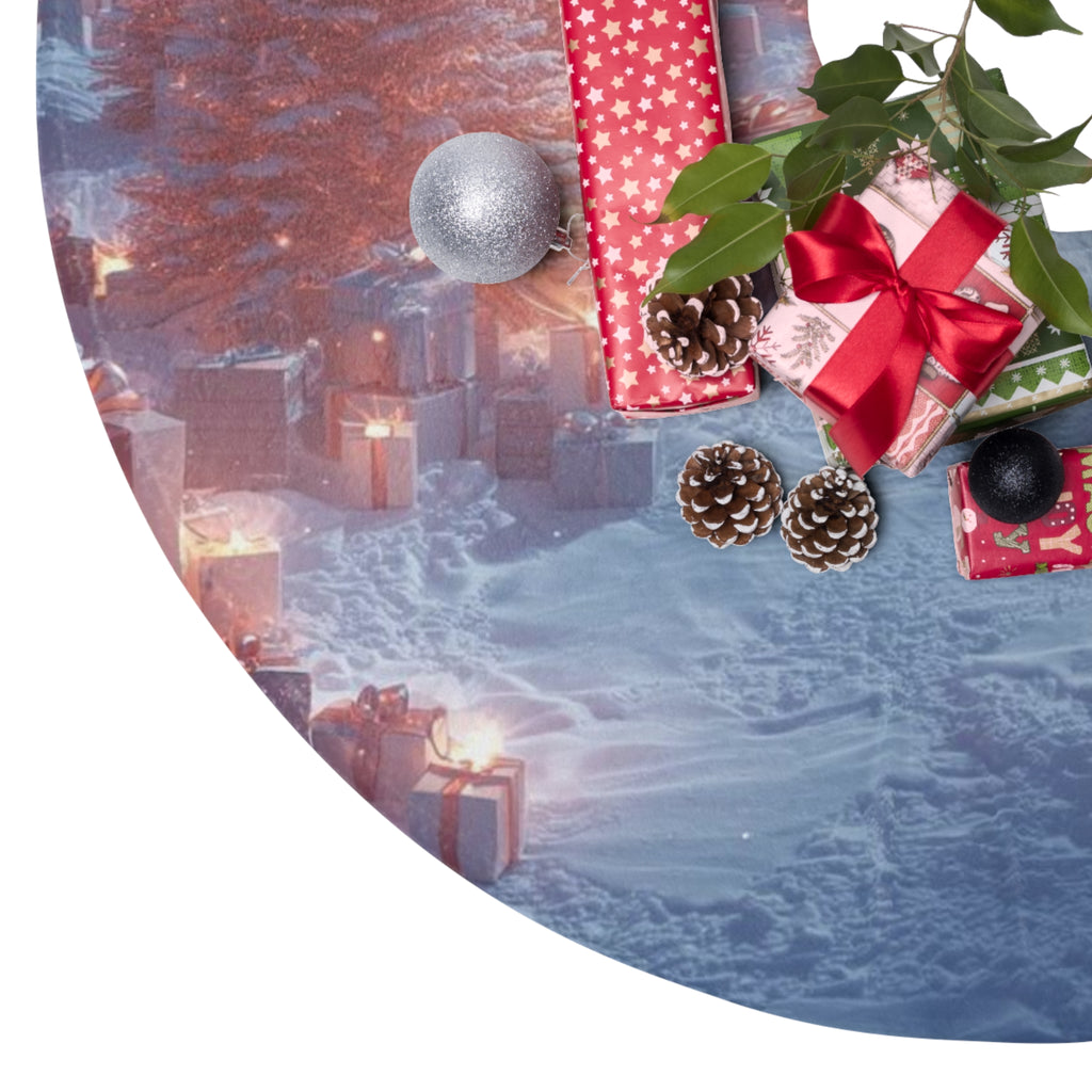 Winter Village Christmas Tree Skirt — Snowy Pines & Cozy Lights