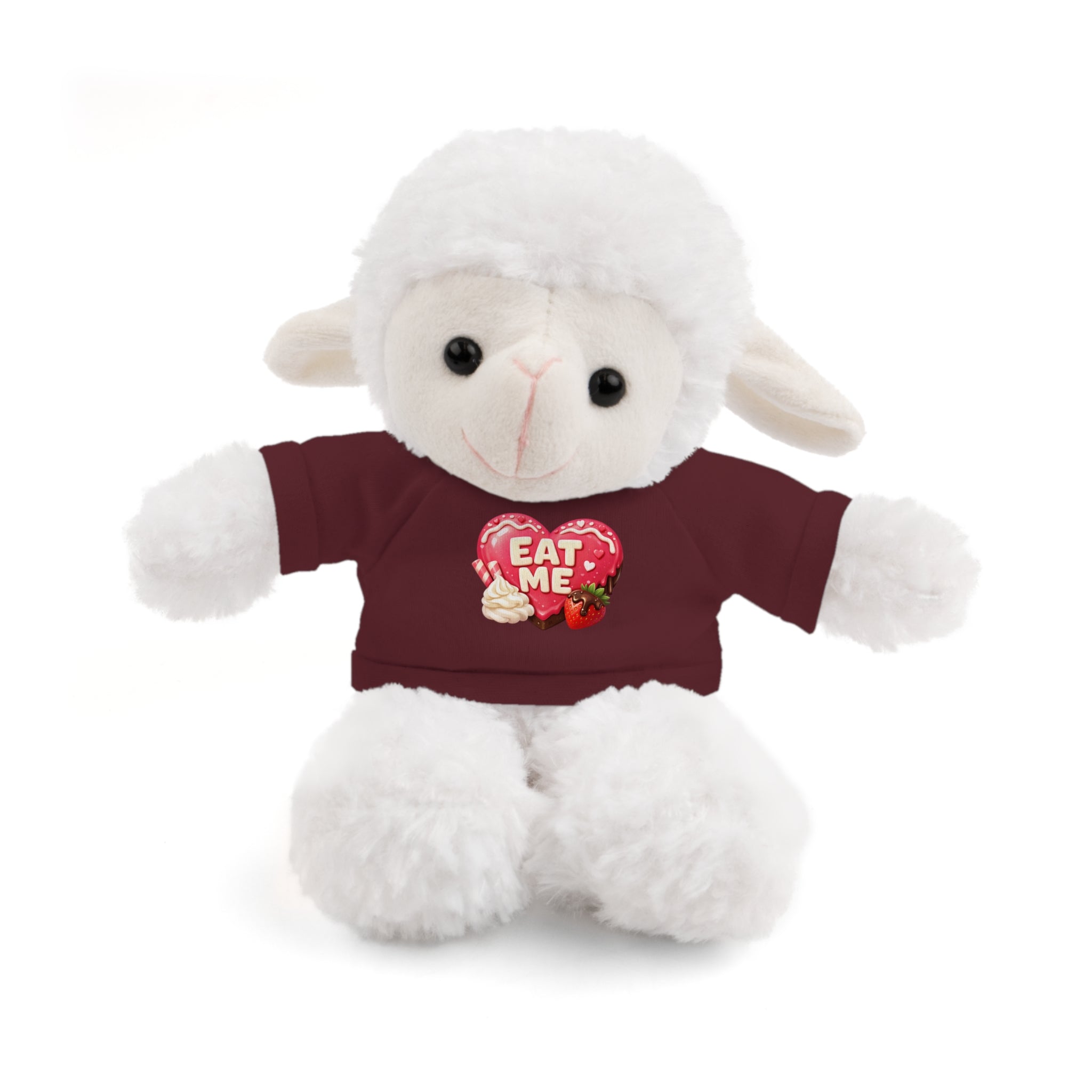 "EAT ME" Heart Tee Plush — Cute Brown Teddy, Sheep, Panda or Jaguar Stuffed Animal Gift