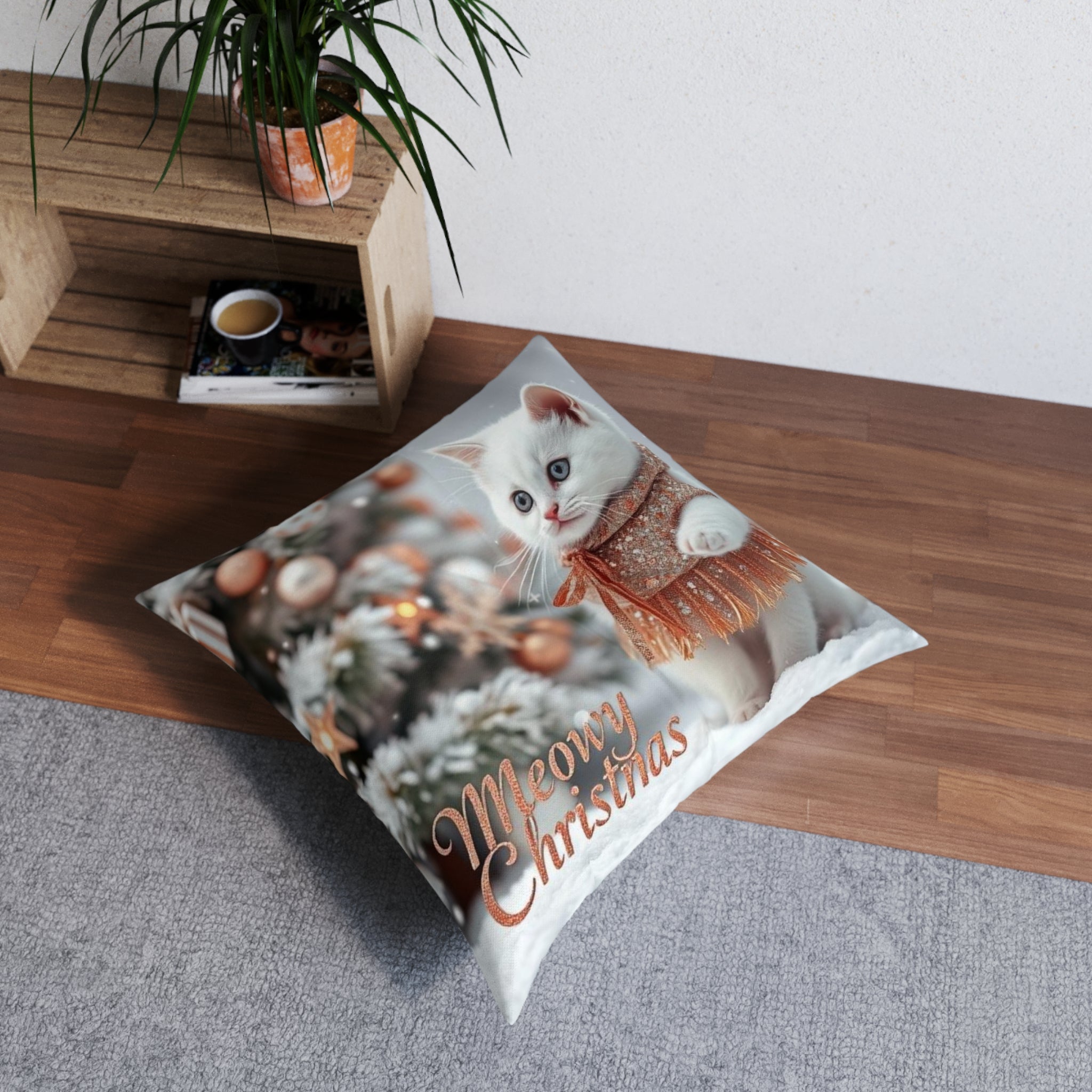 Meowy Christmas Cat Floor Pillow - Cute Holiday Square Cushion