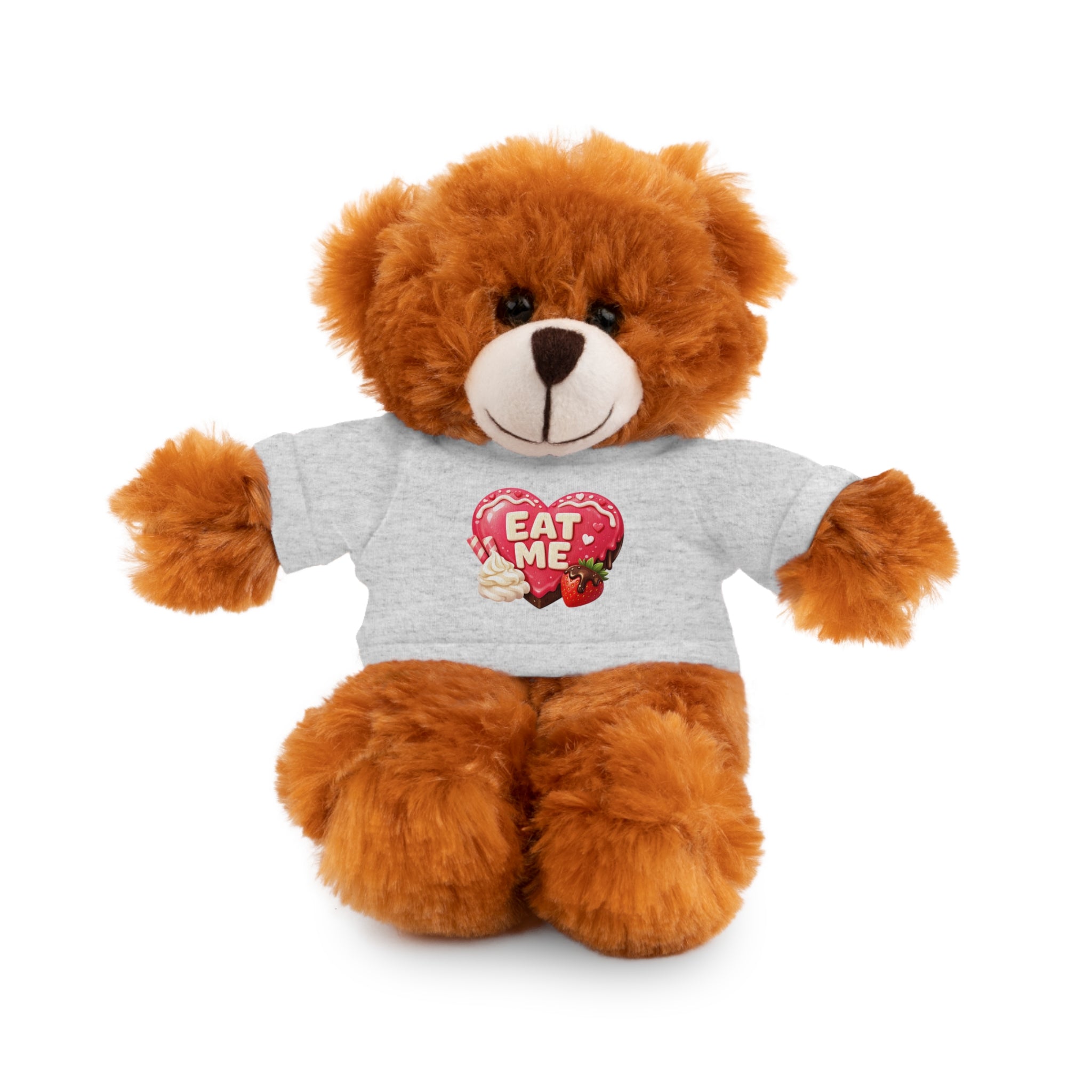 "EAT ME" Heart Tee Plush — Cute Brown Teddy, Sheep, Panda or Jaguar Stuffed Animal Gift