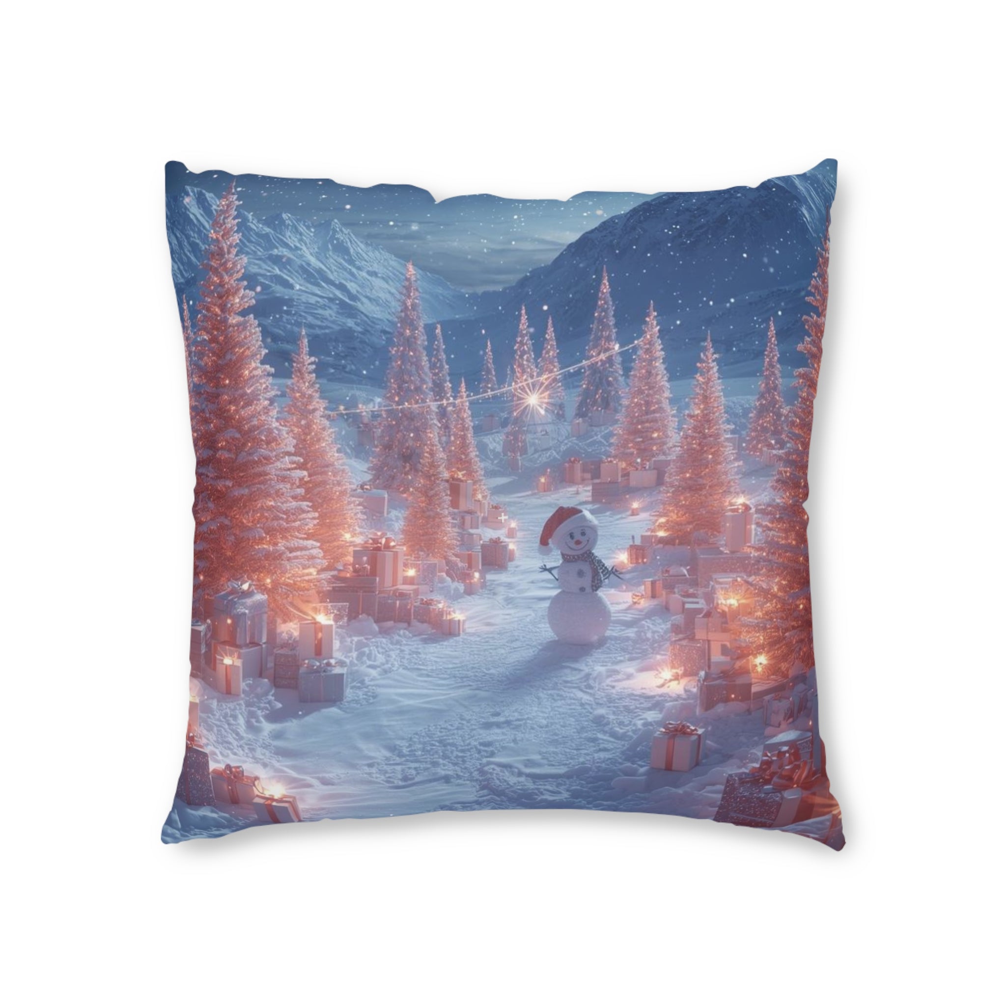 Winter Wonderland Square Floor Pillow — Snowman & Lit Christmas Trees Holiday Decor