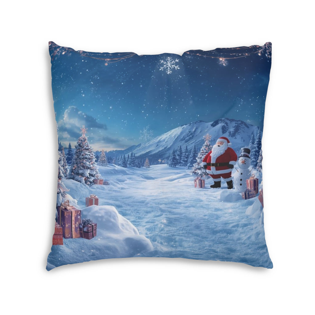 Christmas Winter Scene Floor Pillow — Santa & Snowy Mountain Holiday Decor
