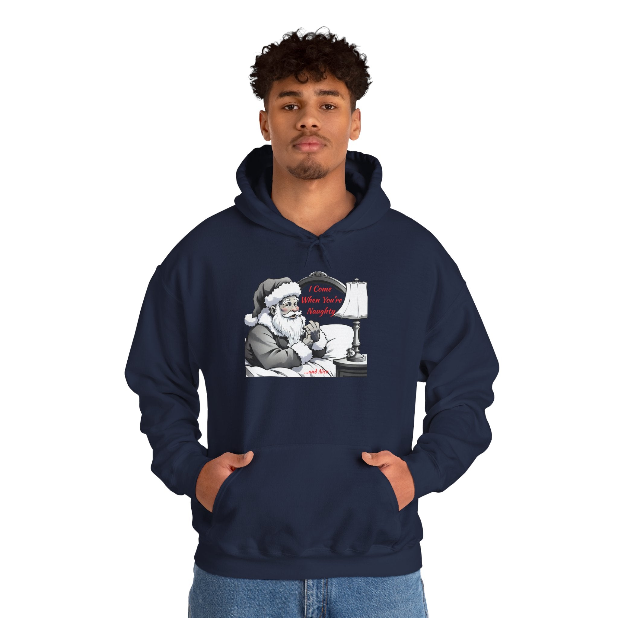 Adult Themed Santa In Bed Hoodie - 'I Come When You're Naughty' Christmas Attire
