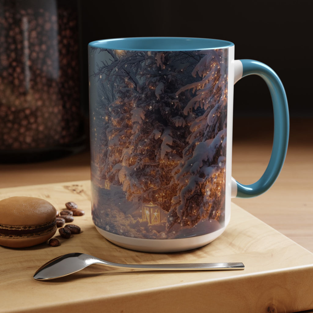 Winter Cabin Snowy Forest Accent Coffee Mug — Cozy Holiday Snow Scene (11/15oz)
