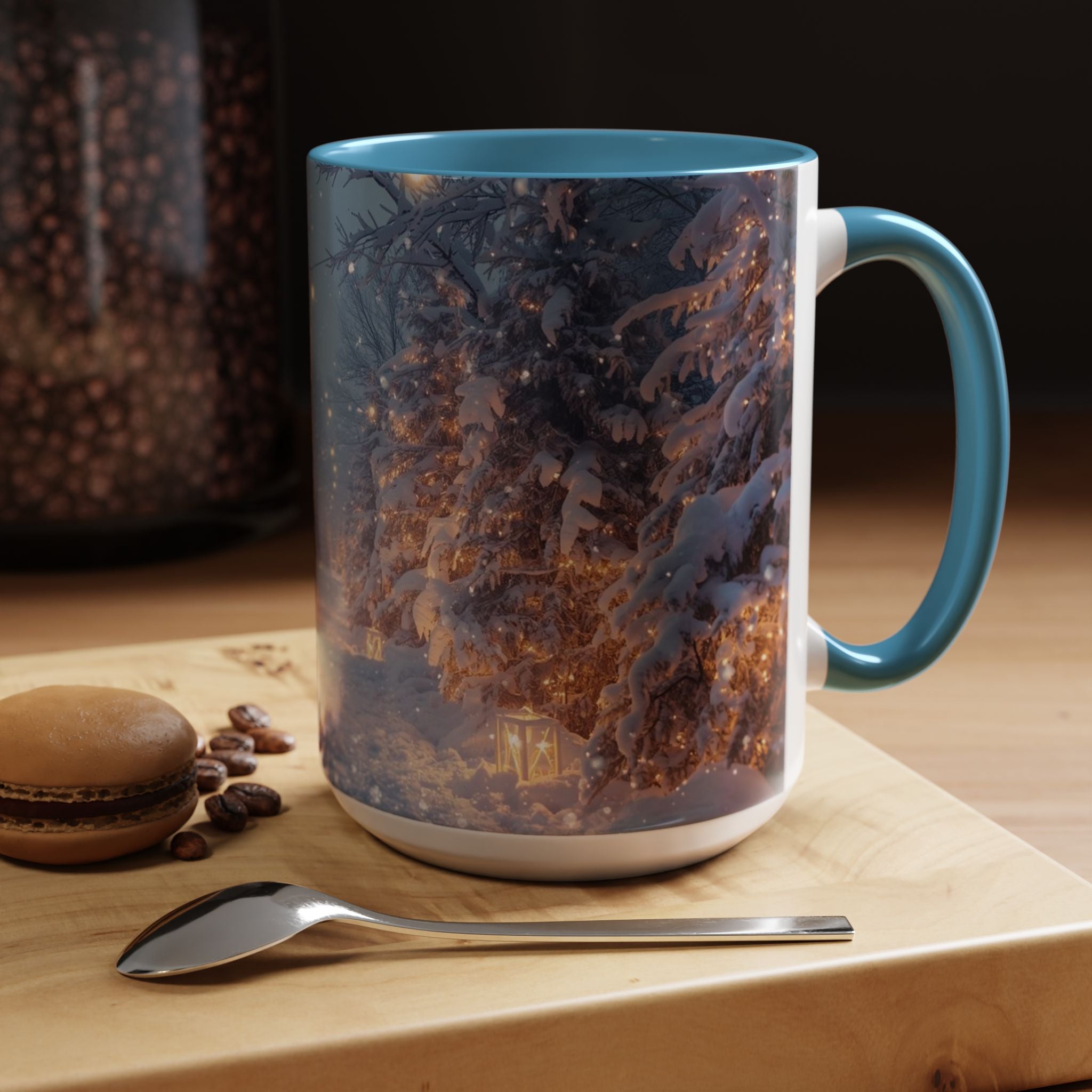 Winter Cabin Snowy Forest Accent Coffee Mug — Cozy Holiday Snow Scene (11/15oz)