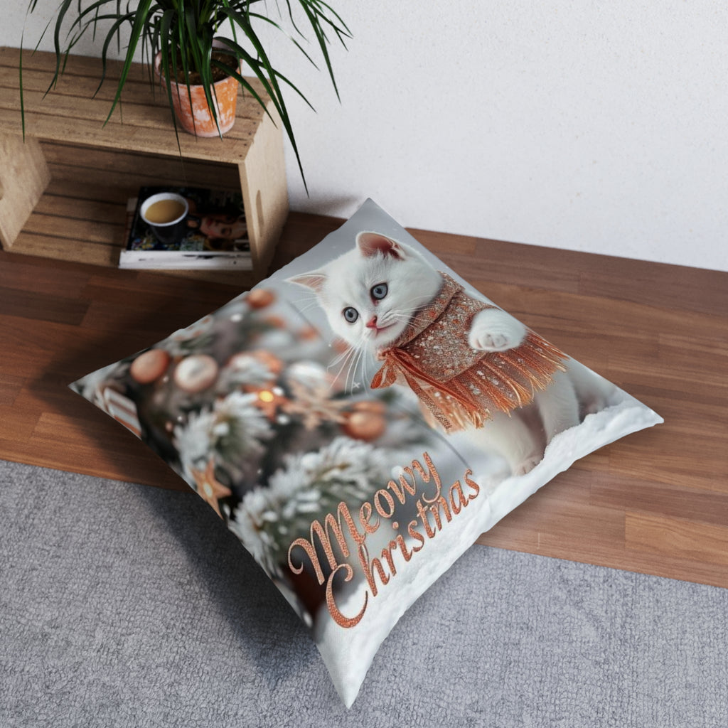 Meowy Christmas Cat Floor Pillow - Cute Holiday Square Cushion