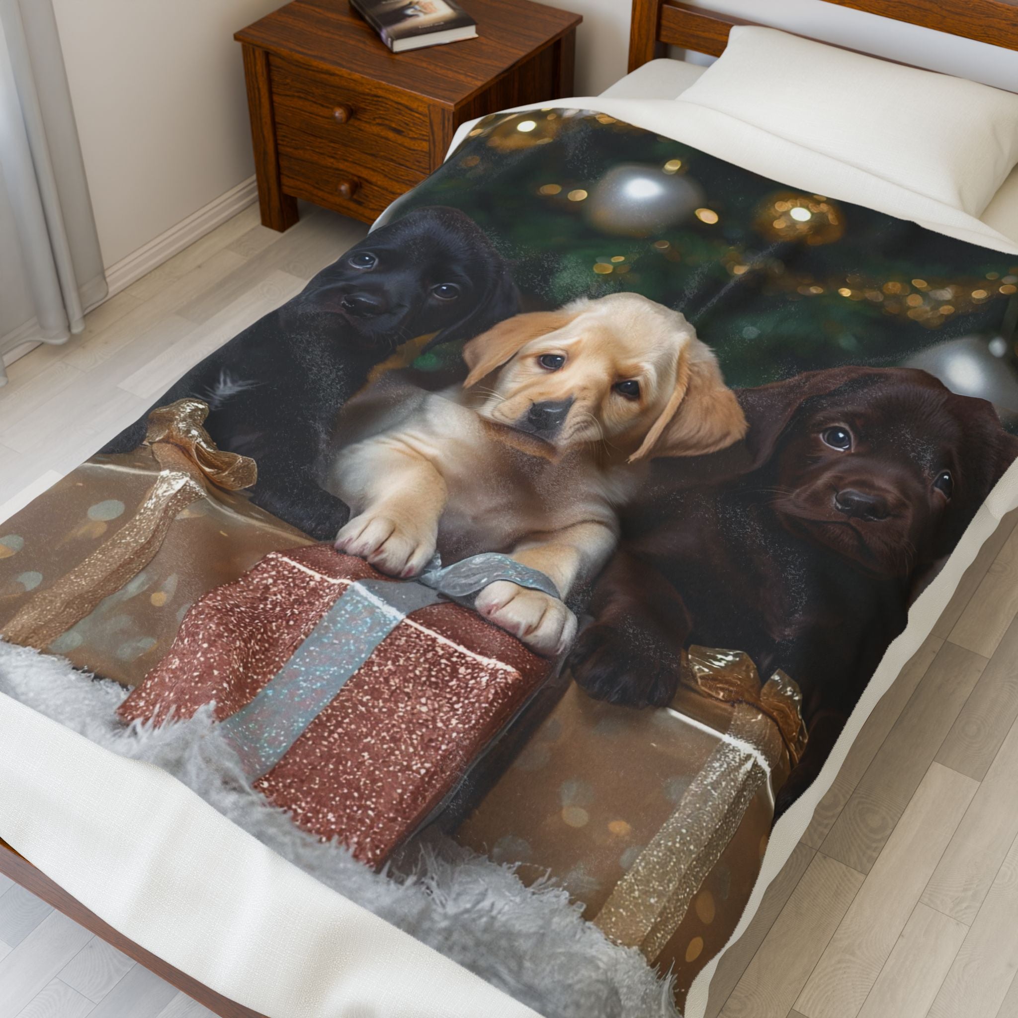 Christmas Labrador Puppies Velveteen Plush Blanket – Cozy Holiday Throw