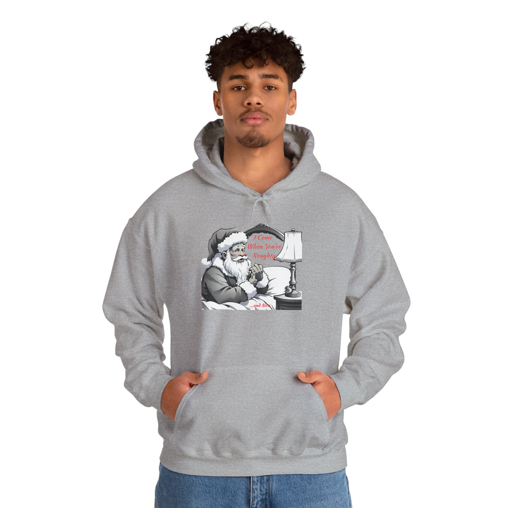 Adult Themed Santa In Bed Hoodie - 'I Come When You're Naughty' Christmas Attire