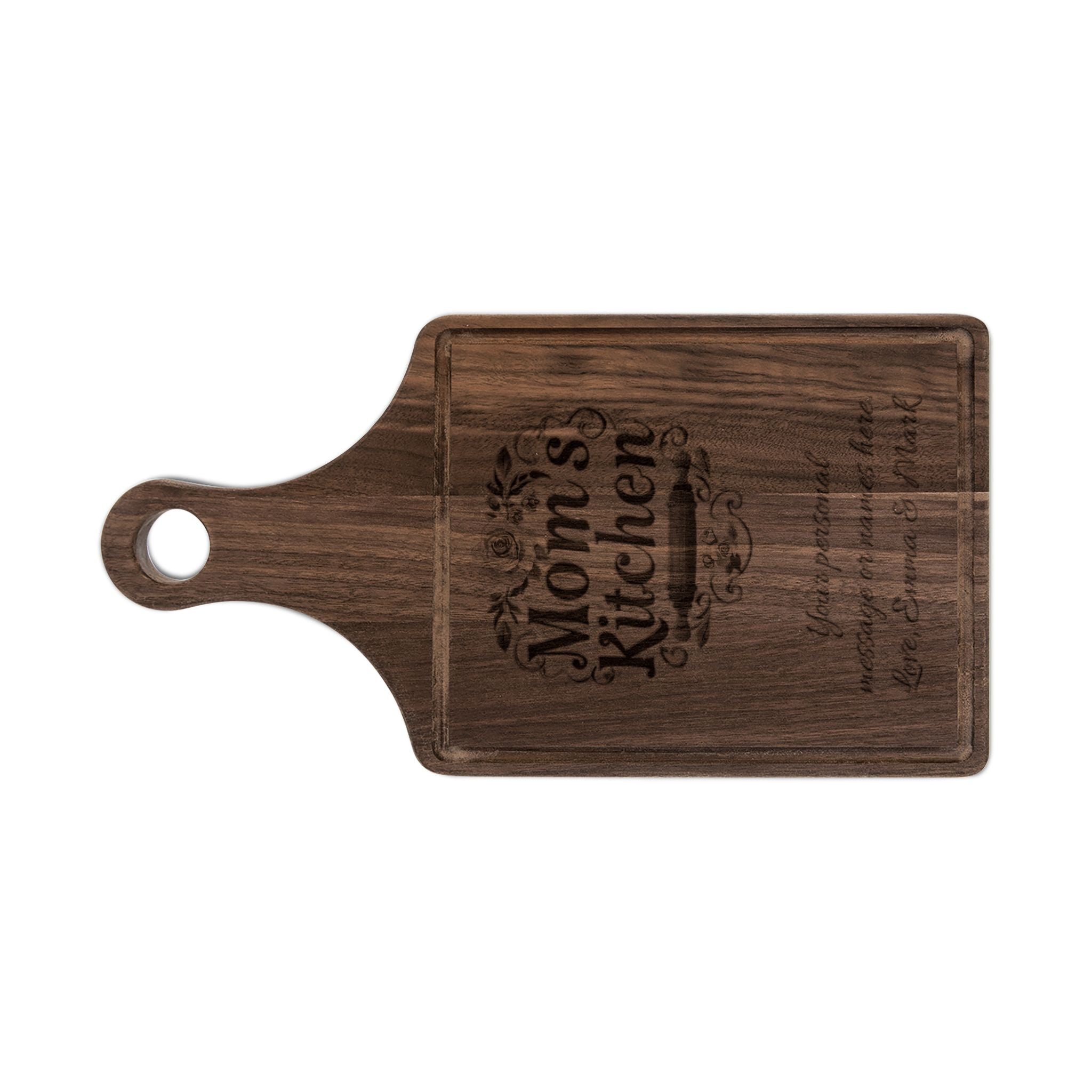 Engraved "Mom's Kitchen" Wooden Cutting Board – Personalized Floral Charcuterie & Serving Paddle, Mother's Day Gift