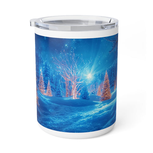 10oz Insulated Coffee Mug — Blue Snowy Winter Wonderland Holiday Scene
