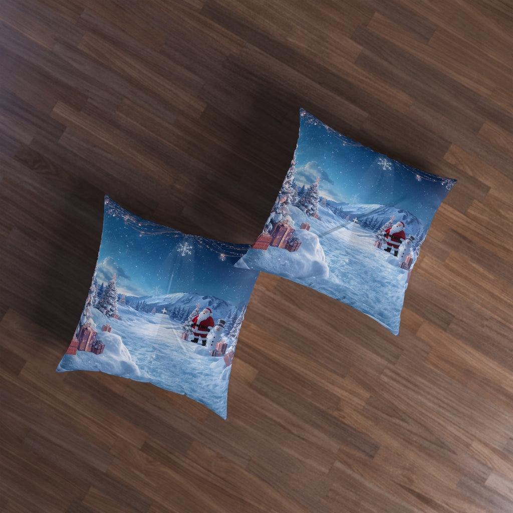 Christmas Winter Scene Floor Pillow — Santa & Snowy Mountain Holiday Decor