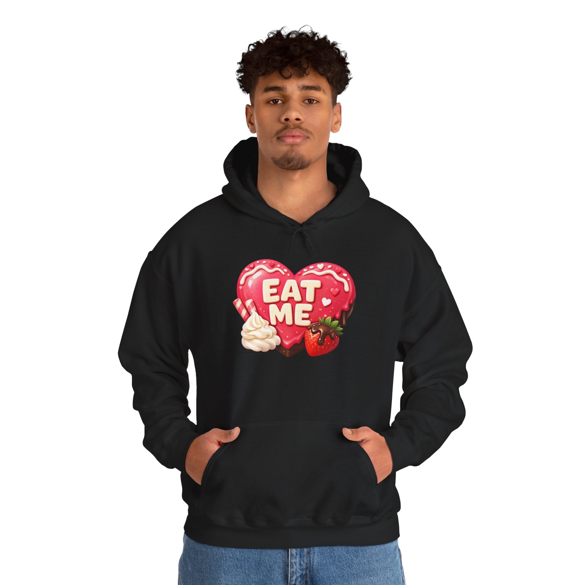 Eat Me Heart Graphic Hoodie — Strawberry Cream Dessert Design