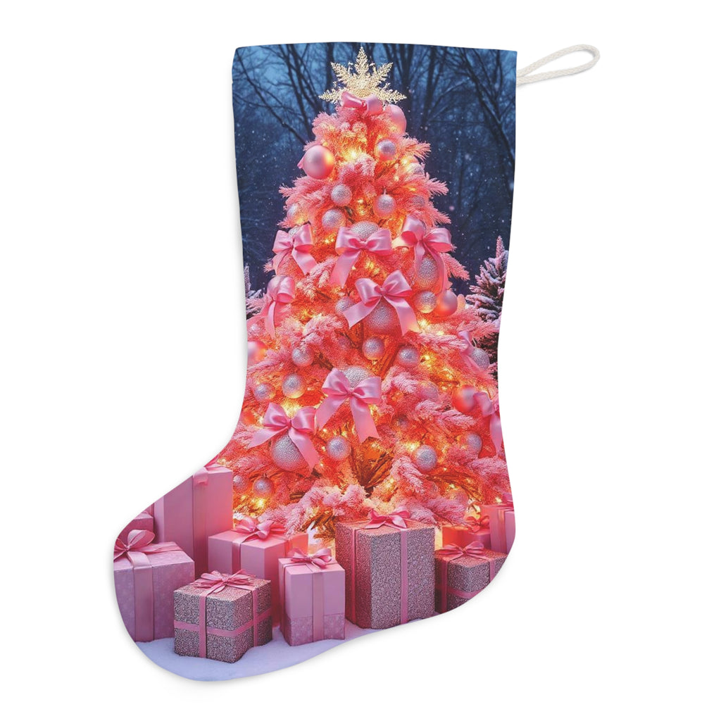 Pink Christmas Stocking with Festive Tree & Gifts