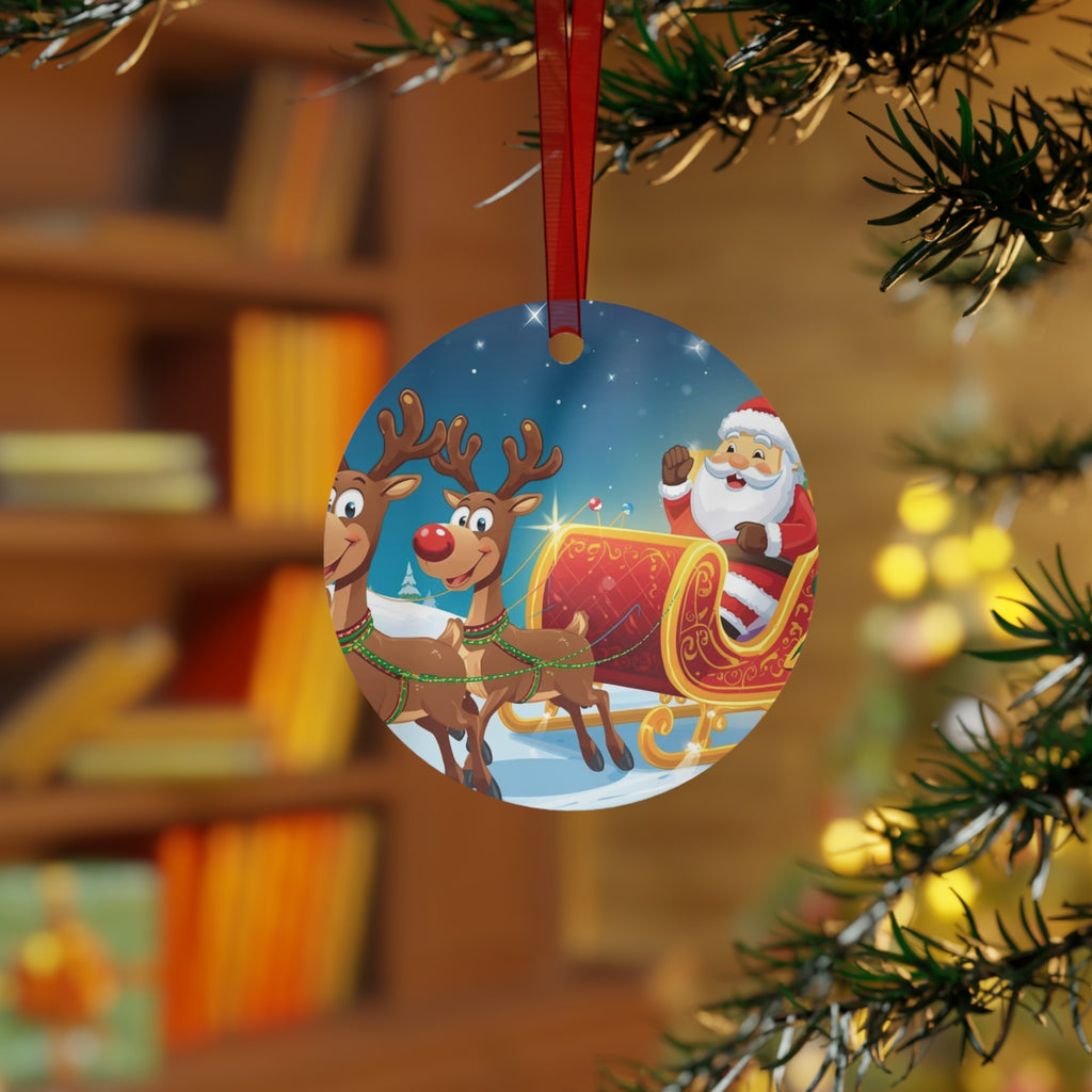 Santa Sleigh & Reindeer Metal Ornament — Christmas Tree Decoration