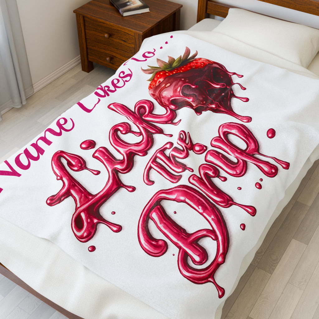 Personalized Velveteen Plush Blanket — "Lick the Drip" Strawberry Drip Design