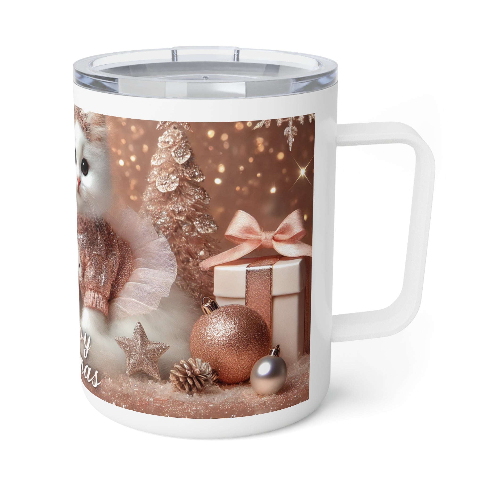 10oz Insulated Coffee Mug — 'Meowy Christmas' Cute Kitten Holiday Travel Mug