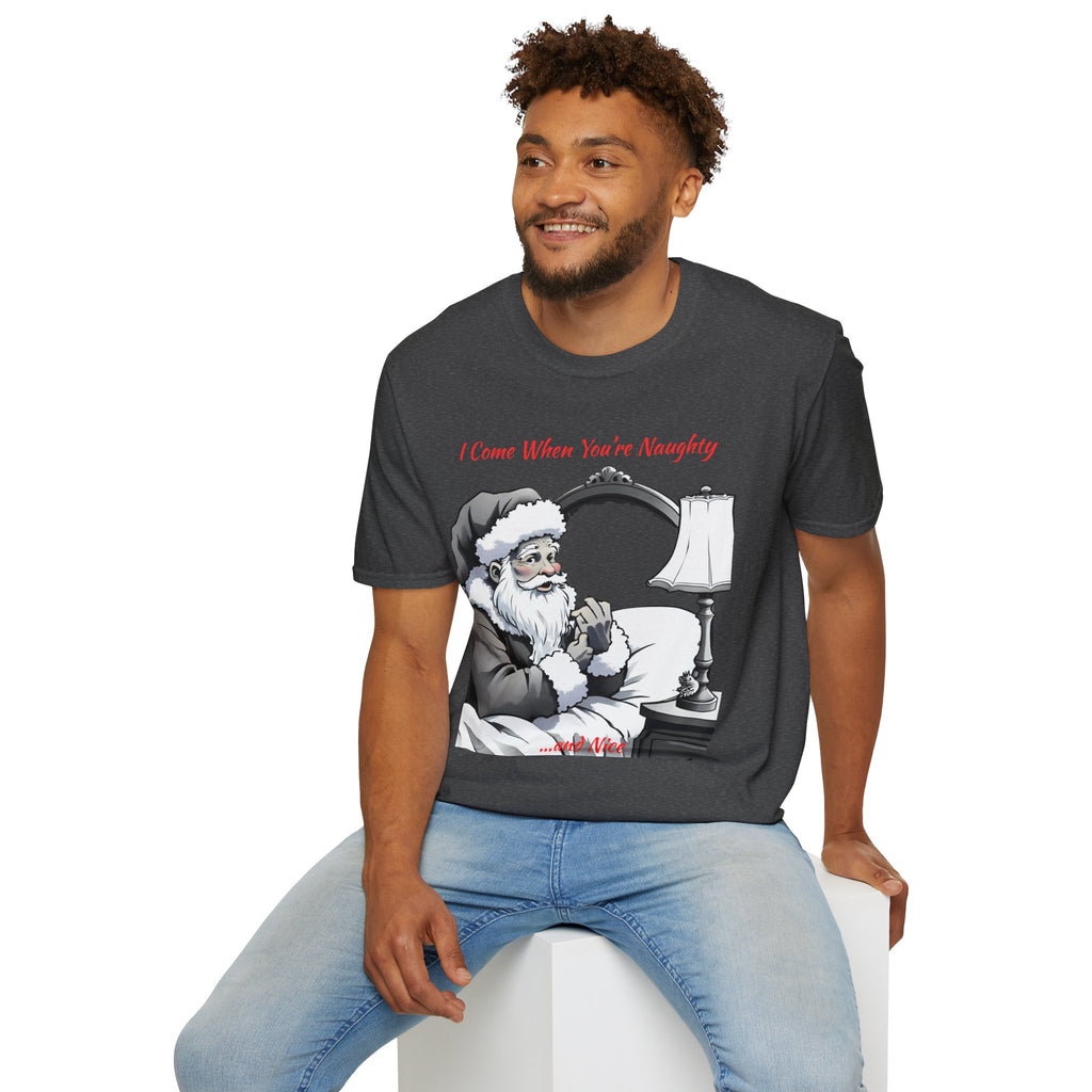 Adult Themed Santa In Bed T-Shirt – 'I Come When You’re Naughty' Christmas Attire