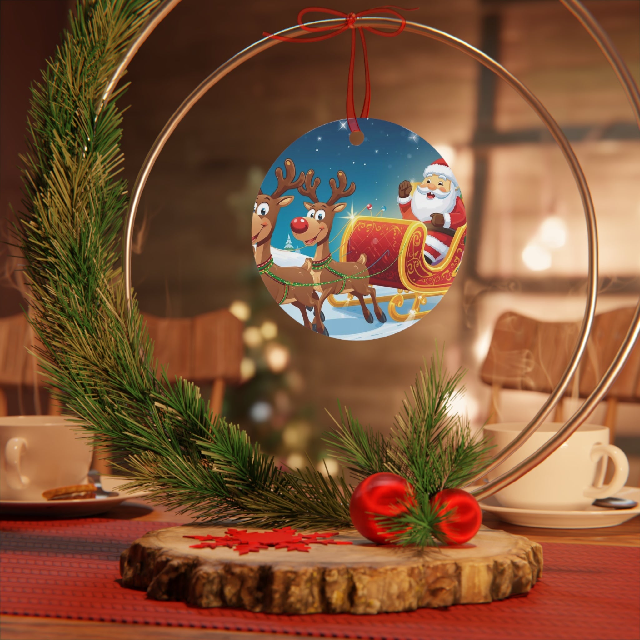 Santa Sleigh & Reindeer Metal Ornament — Christmas Tree Decoration