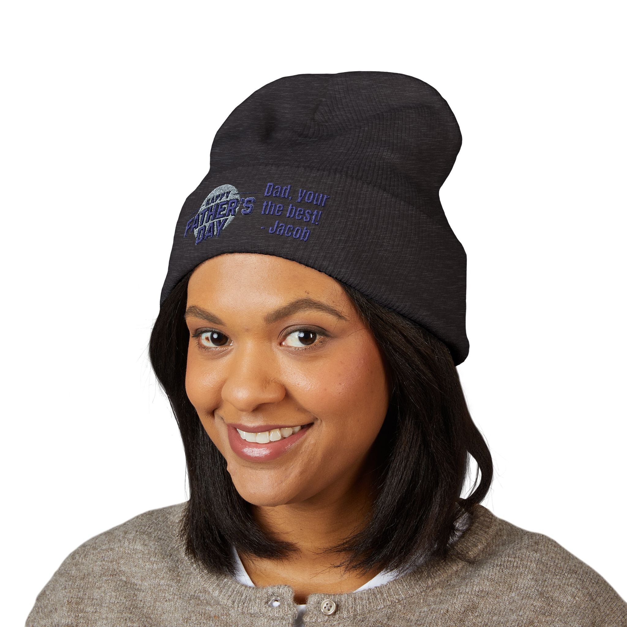 Embroidered "Happy Father's Day" Cuffed Beanie — Personalized Dad Gift