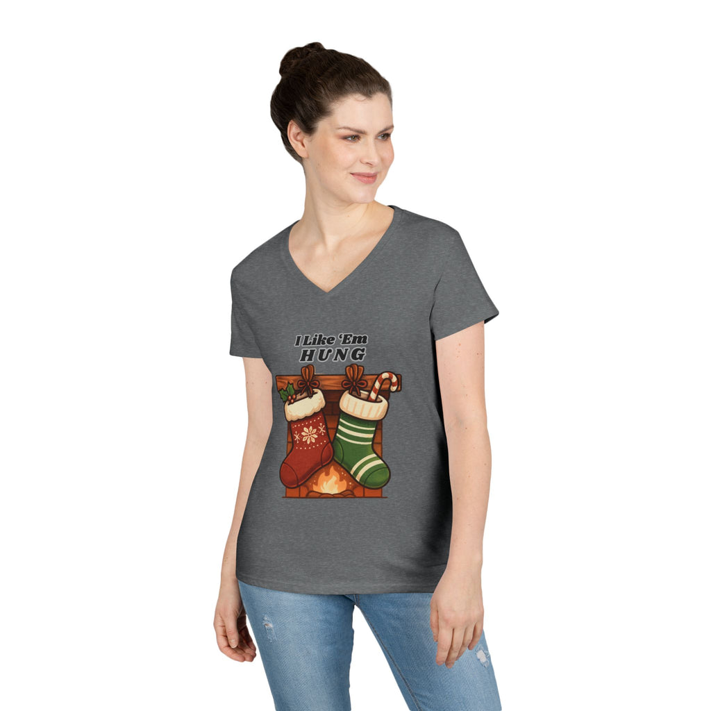 I Like 'Em Hung Christmas Stockings V-Neck T-Shirt | Holiday Stocking Design