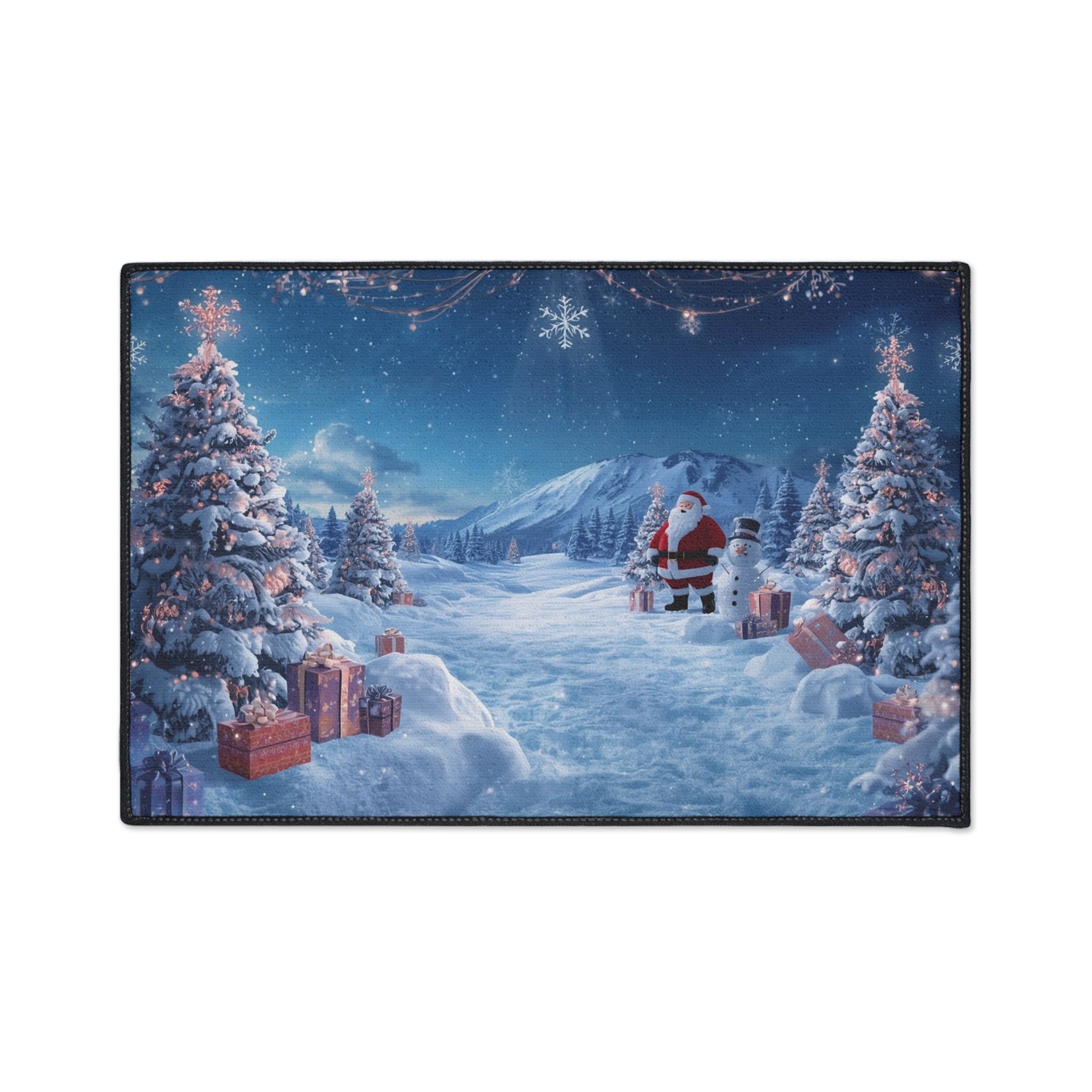 Christmas Snowy Scene Floor Mat — Santa & Pine Trees Holiday Doormat