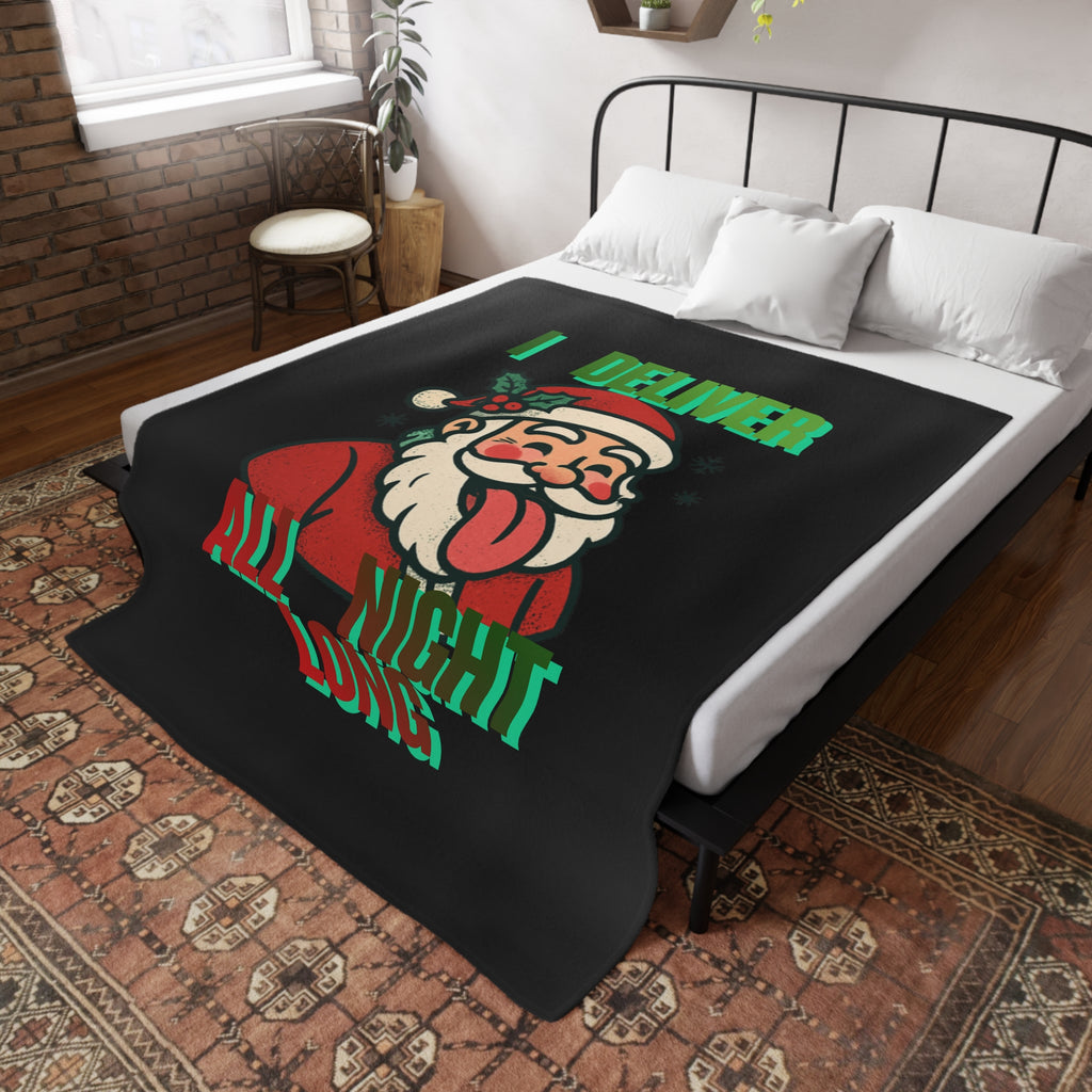Funny Santa 'I Deliver All Night Long' Plush Fleece Blanket – Black Christmas Throw