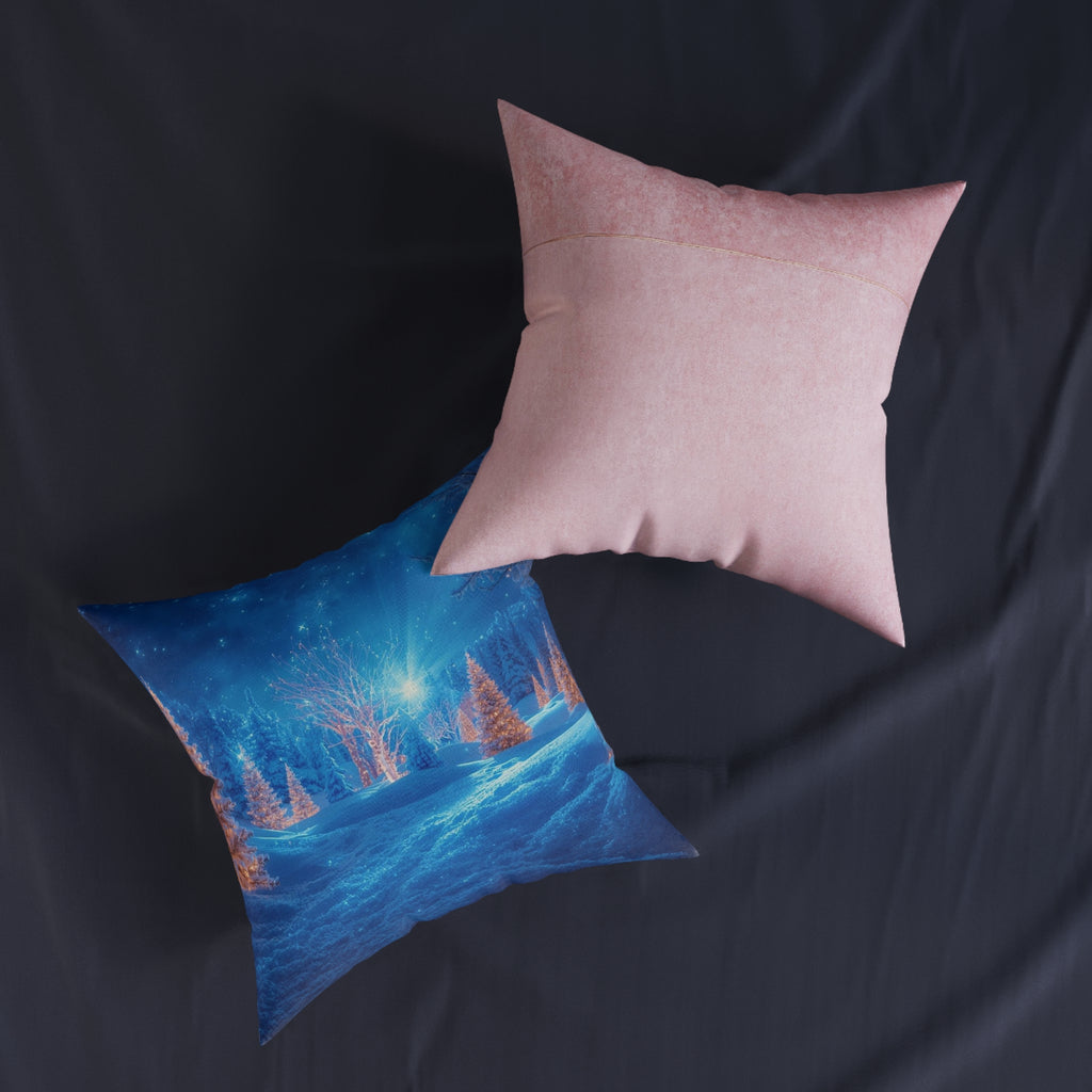 Square Pillow - Wonderland Decorative Pillow Blue Snowy Trees Pink Back