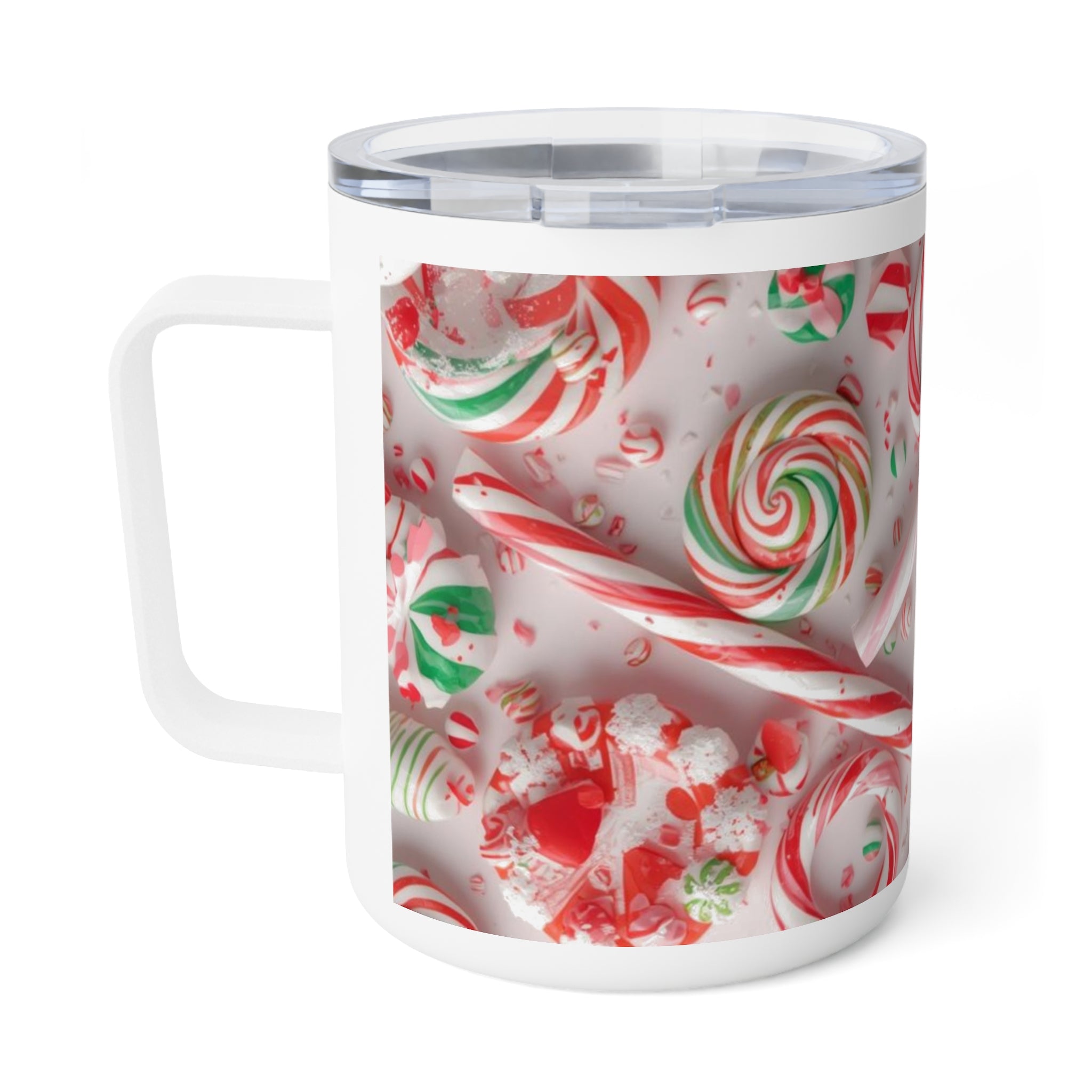 10oz Insulated Coffee Mug – Festive Red & Green Peppermint Swirl Holiday Travel Mug