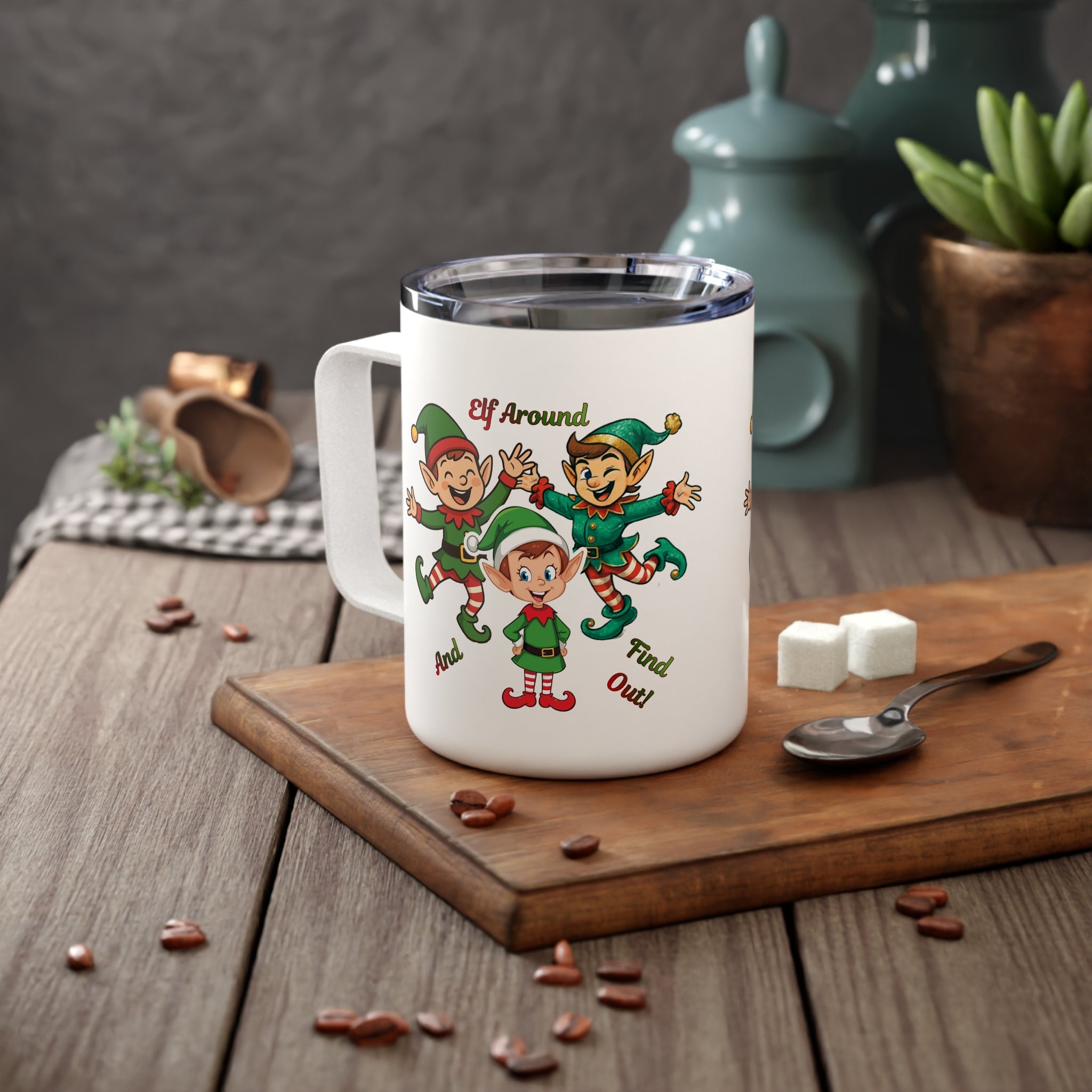 10oz Insulated Coffee Mug – Playful Christmas Elves 'Elf Around and Find Out'