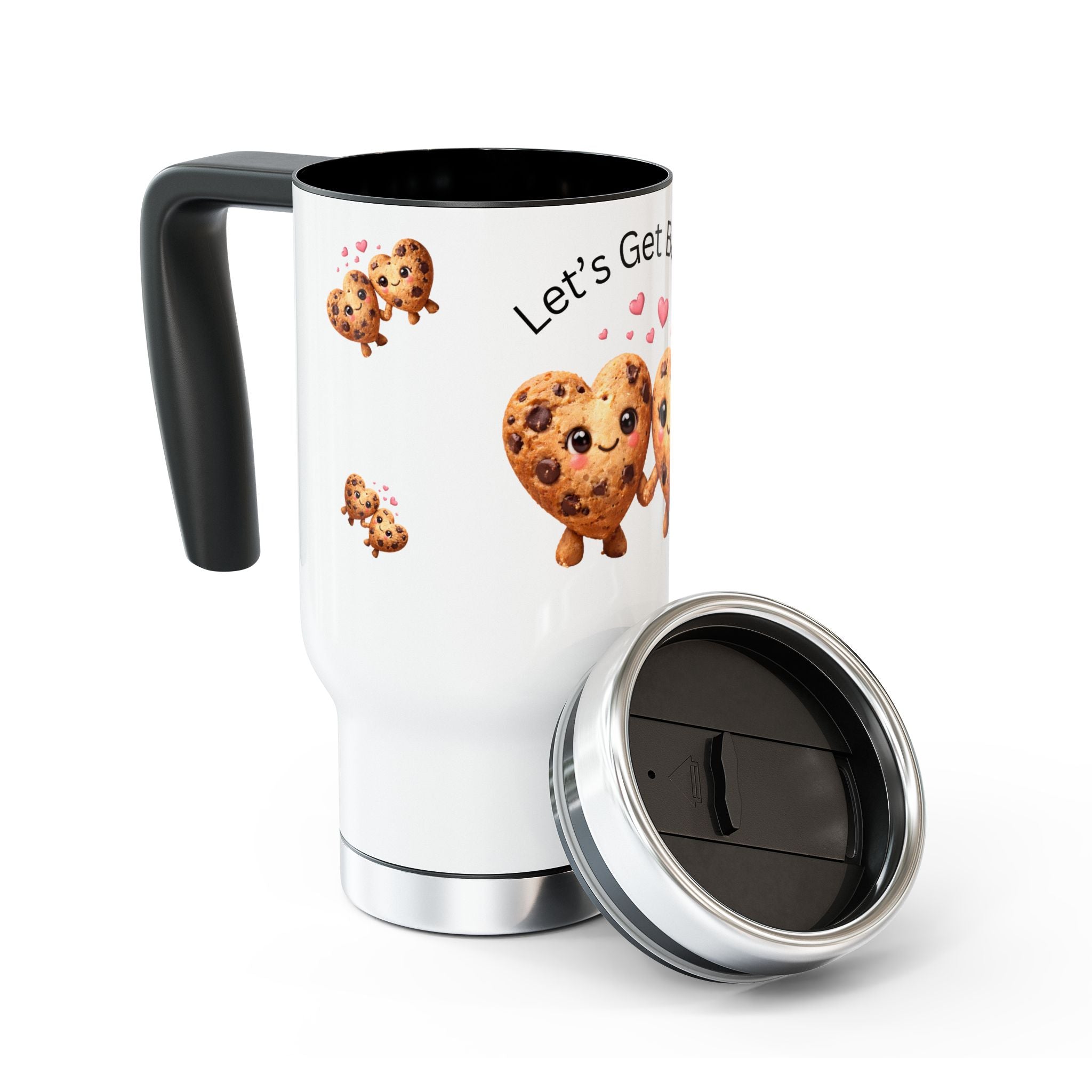 Let's Get Baked 14oz Stainless Steel Travel Mug — Heart Cookie Coffee Tumbler with Handle