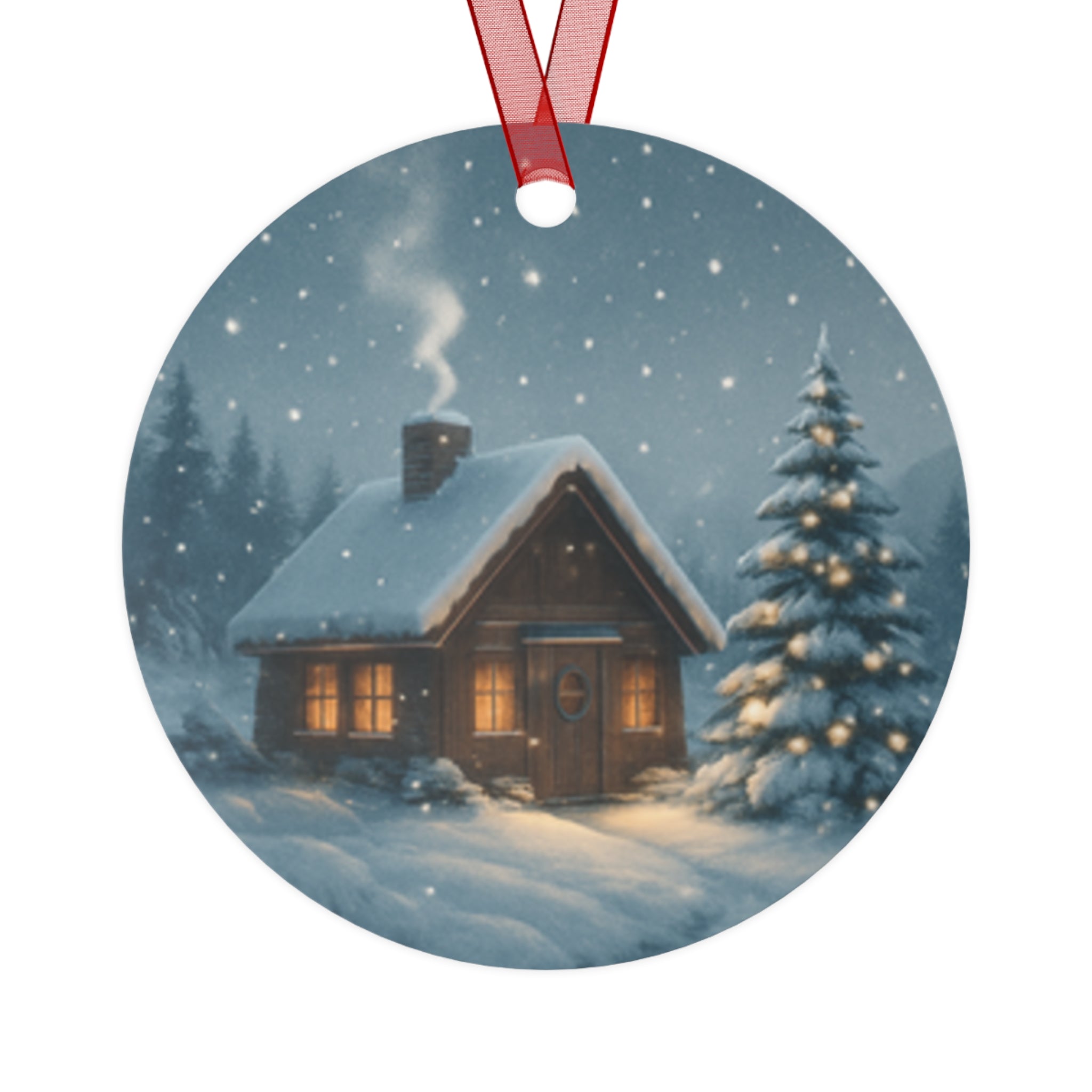 Snowy Cabin Bell Metal Ornament — Cozy Winter Christmas Tree Decoration
