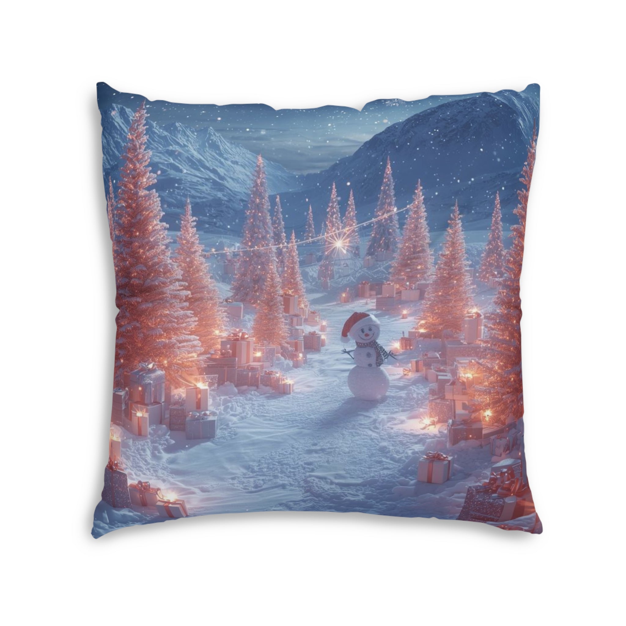 Winter Wonderland Square Floor Pillow — Snowman & Lit Christmas Trees Holiday Decor