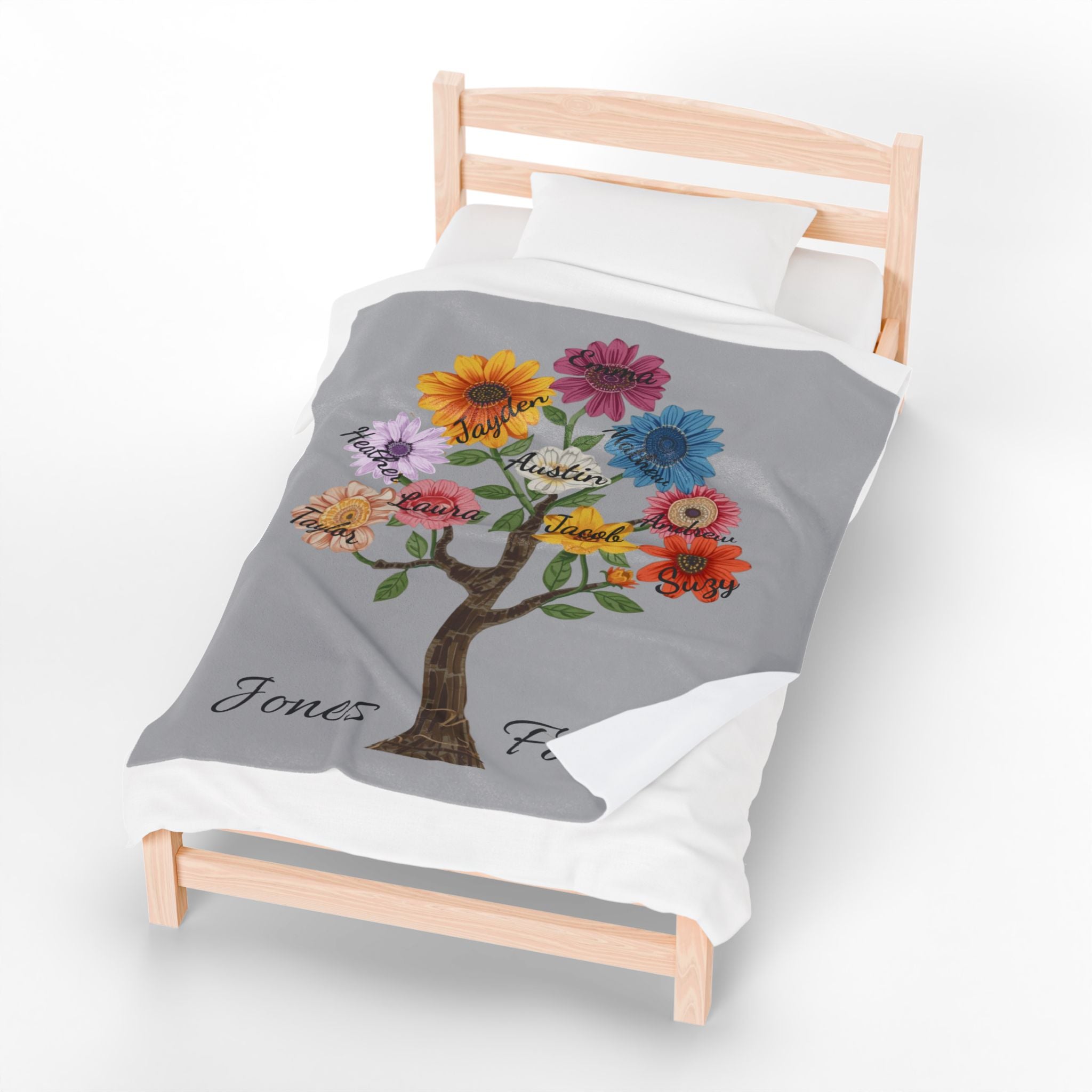 Personalized Family Tree Plush Blanket — Custom Names Floral Sunflower Design