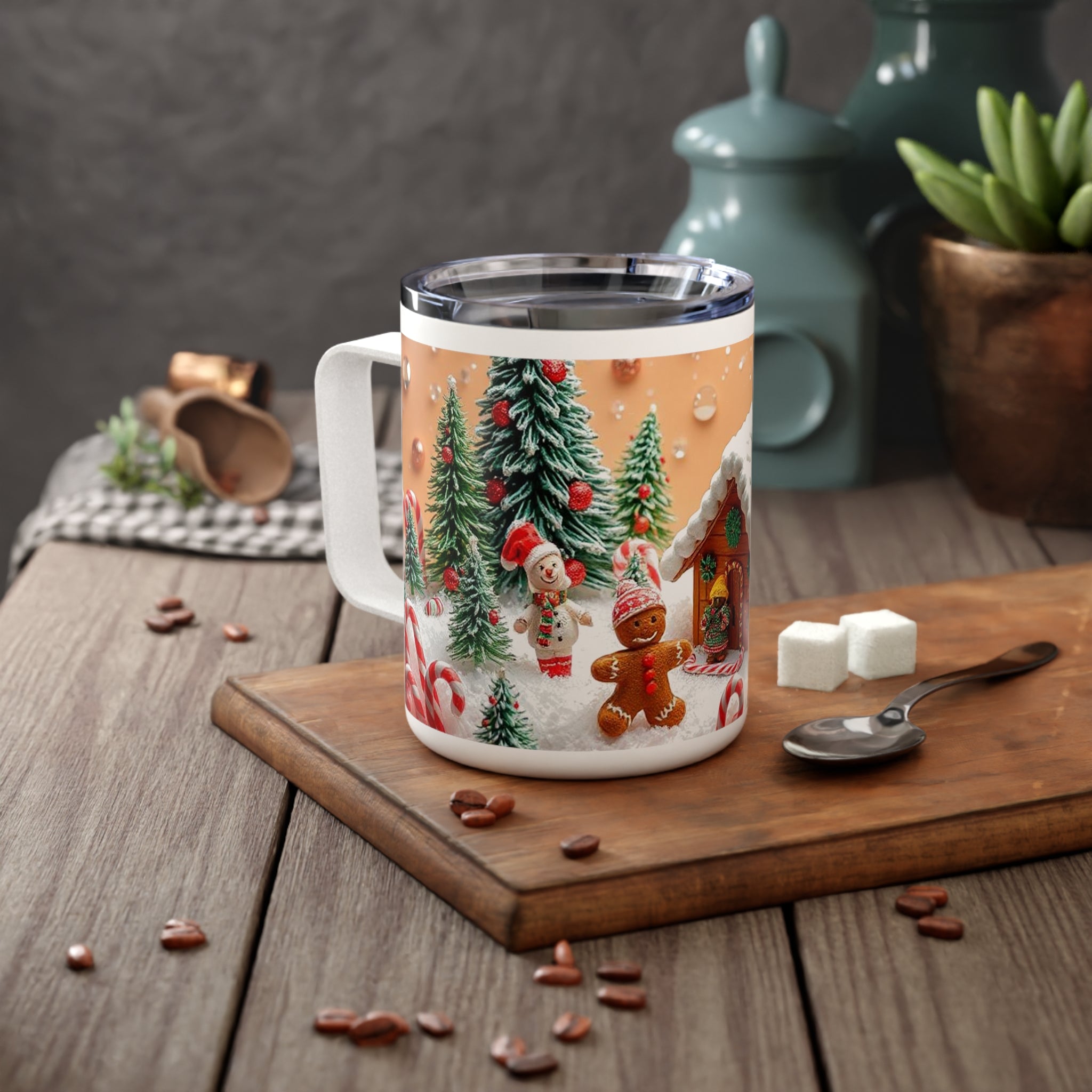 10oz Insulated Coffee Mug — Gingerbread House Christmas Winter Scene