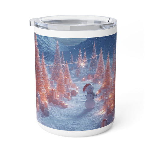 10oz Insulated Coffee Mug — Cozy Snowy Christmas Village with Snowman