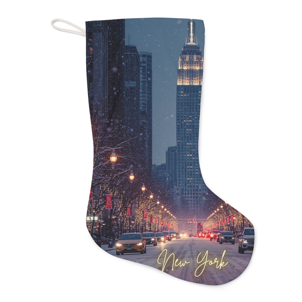 New York Snowy Street Christmas Stocking — Holiday Santa Stocking with Empire State Design