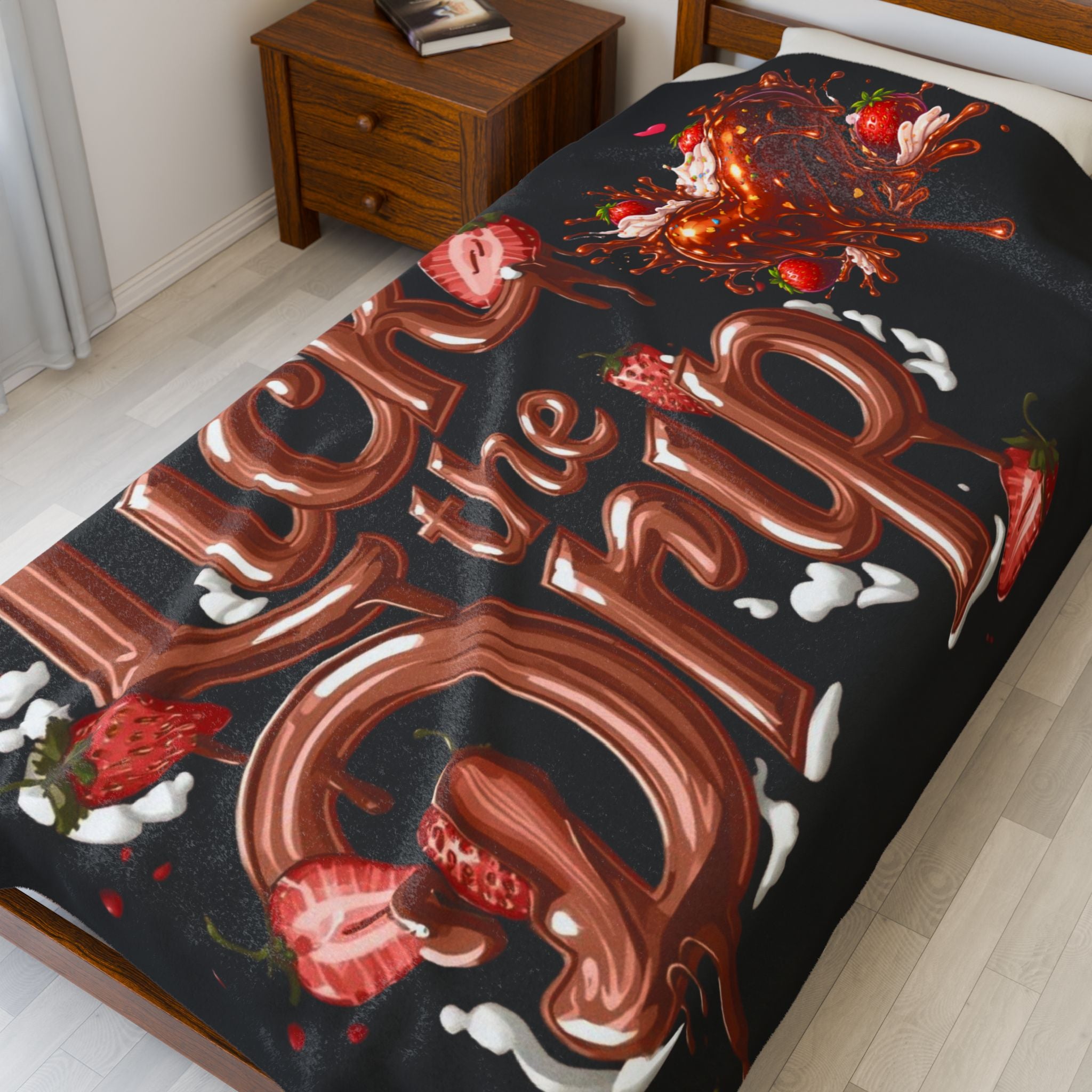 Lick the Drip Velveteen Plush Blanket | strawberry chocolate drip typography