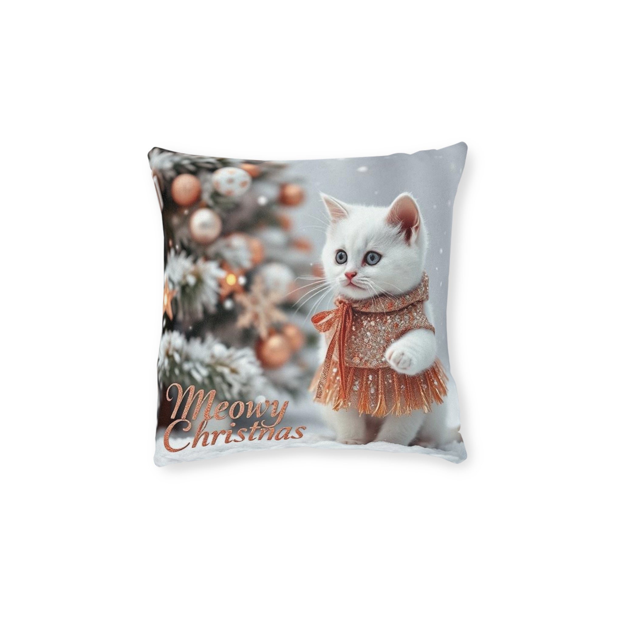 Christmas Kitten Square Pillow — "Meowy Christmas" Pink Back Decorative Throw Pillow
