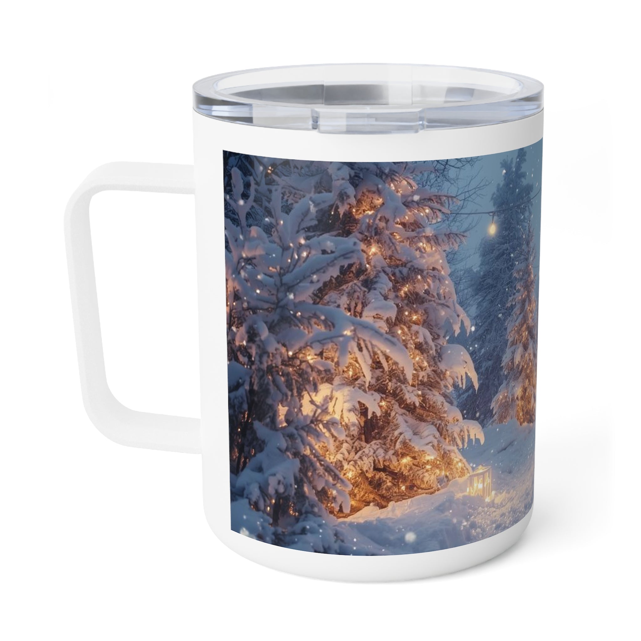 10oz Insulated Coffee Mug — Winter Snowy Forest with String Lights