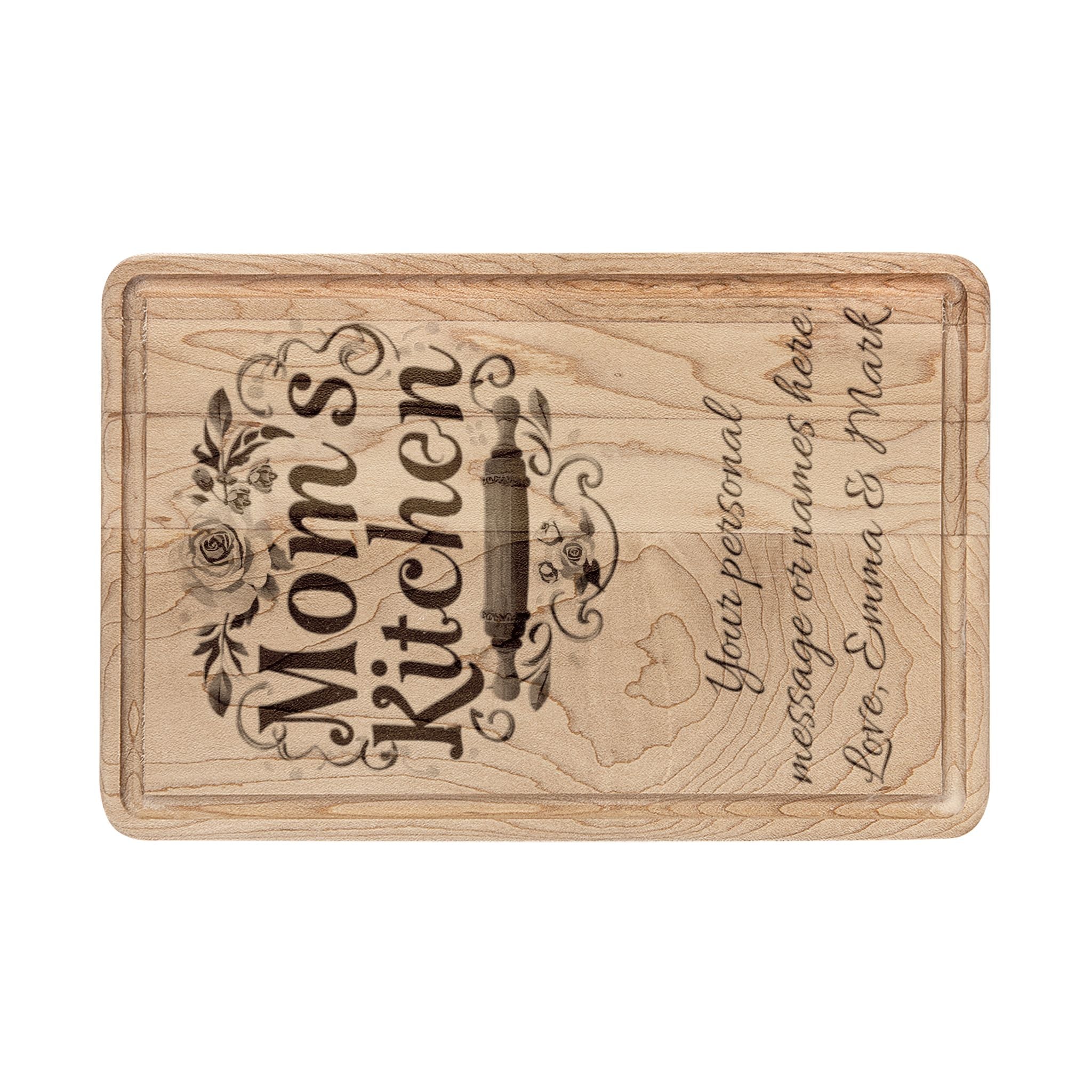 Engraved "Mom's Kitchen" Wooden Cutting Board – Personalized Floral Charcuterie & Serving Paddle, Mother's Day Gift