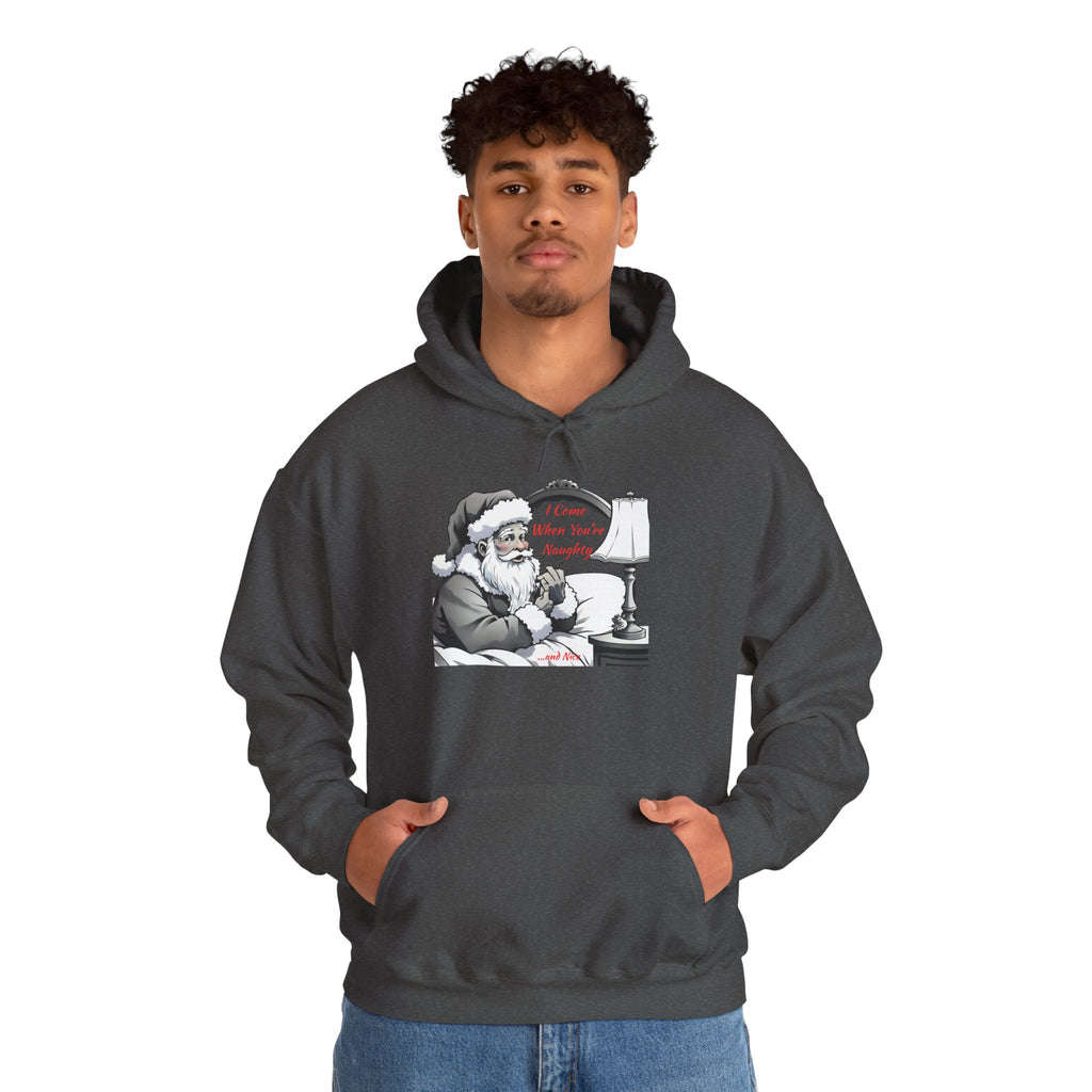 Adult Themed Santa In Bed Hoodie - 'I Come When You're Naughty' Christmas Attire