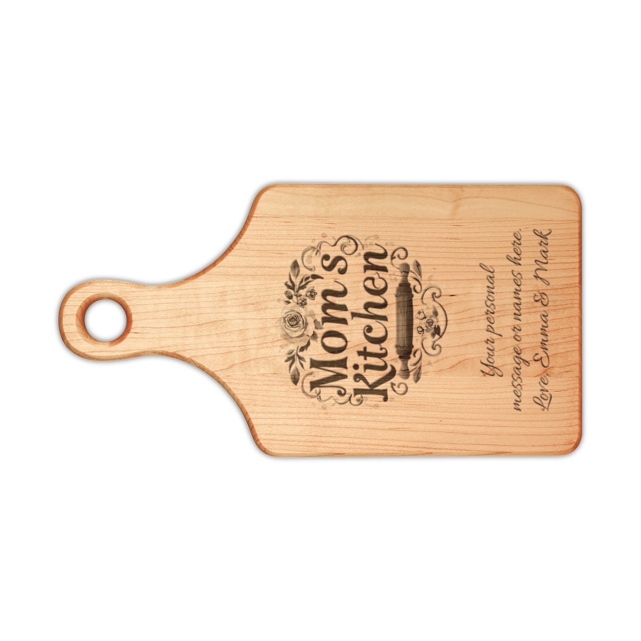 Engraved "Mom's Kitchen" Wooden Cutting Board – Personalized Floral Charcuterie & Serving Paddle, Mother's Day Gift