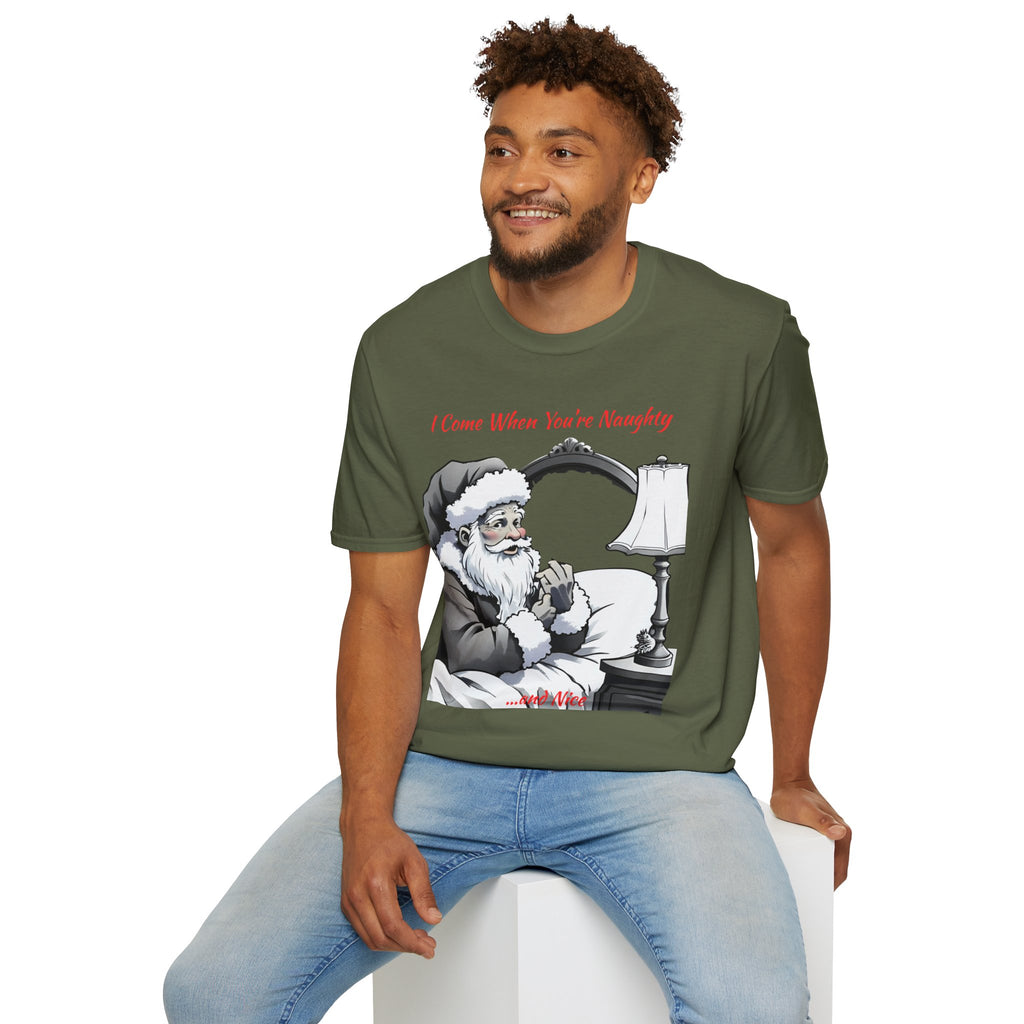 Adult Themed Santa In Bed T-Shirt – 'I Come When You’re Naughty' Christmas Attire