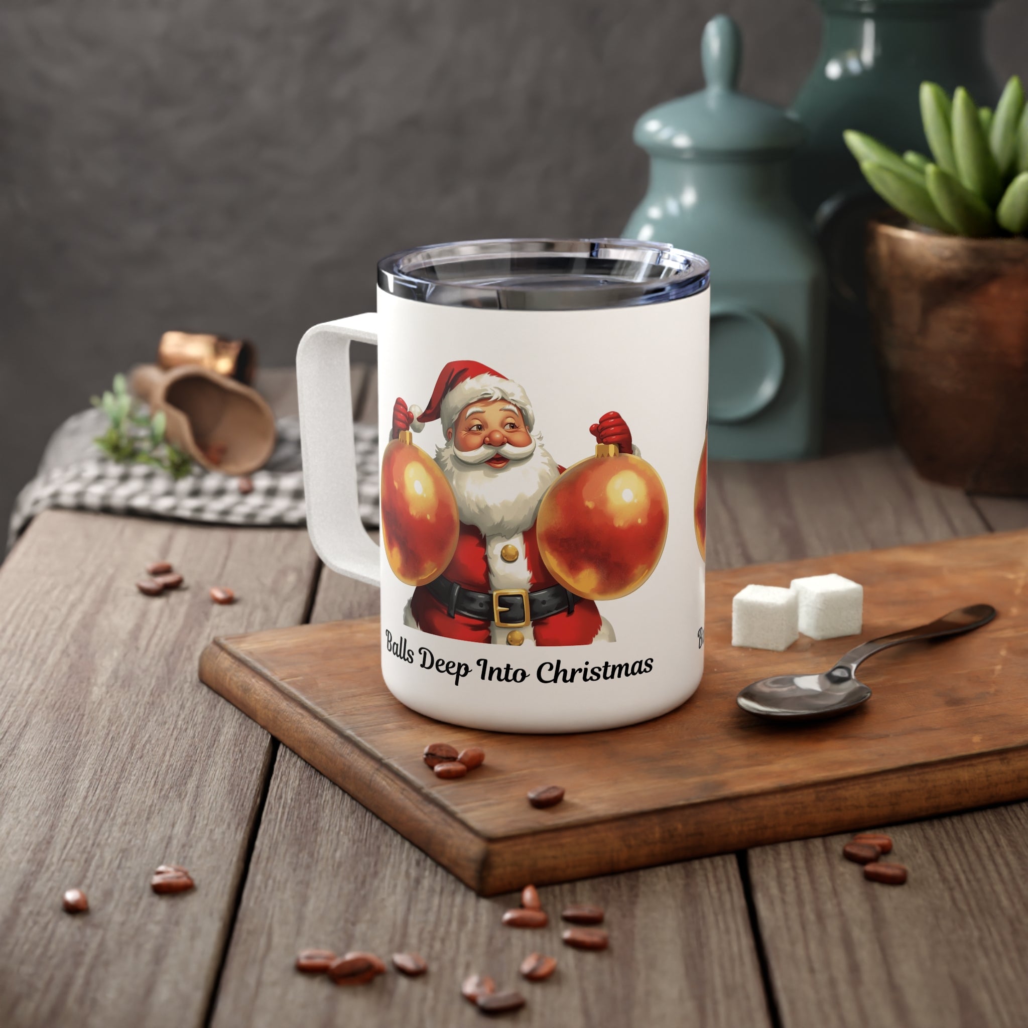 10oz Insulated Coffee Mug — 'Balls Deep Christmas' Santa Ornament Holiday Travel Tumbler