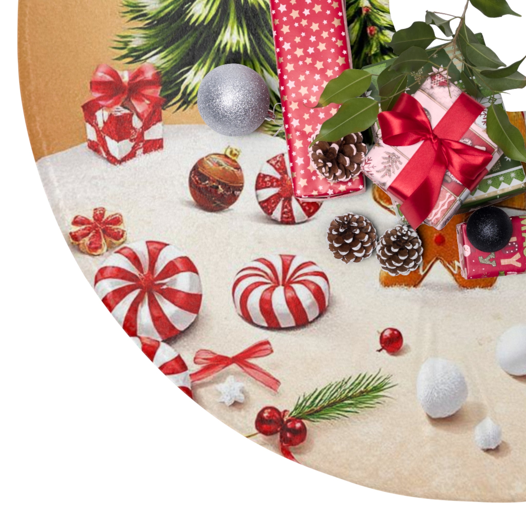 Christmas Tree Skirt — Gingerbread Cottage & Candy Canes Holiday Tree Skirt