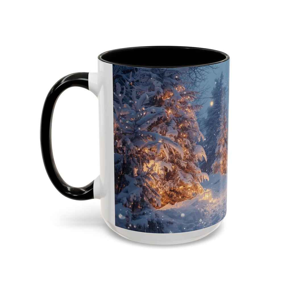 Winter Cabin Snowy Forest Accent Coffee Mug — Cozy Holiday Snow Scene (11/15oz)