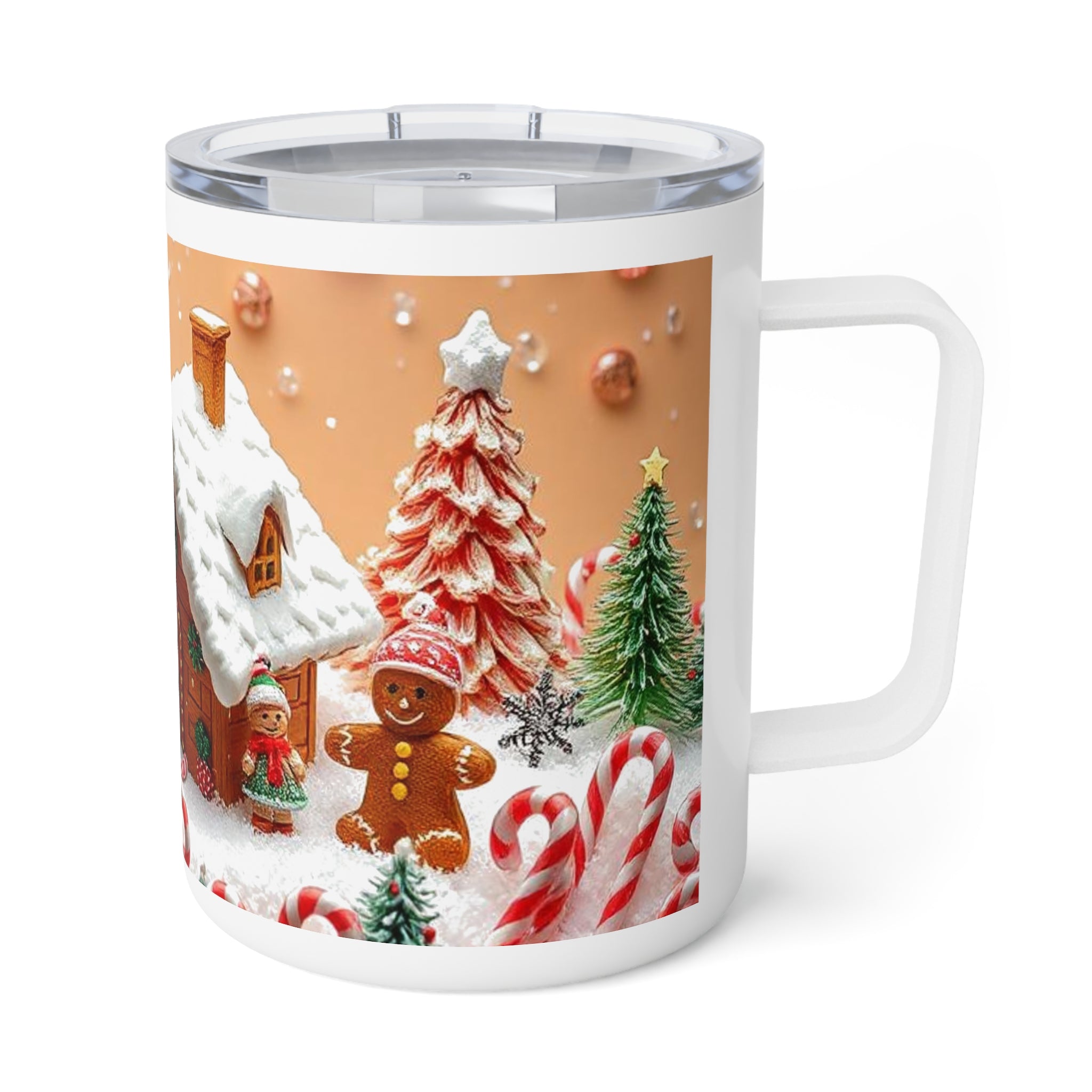 10oz Insulated Coffee Mug — Gingerbread House Christmas Winter Scene