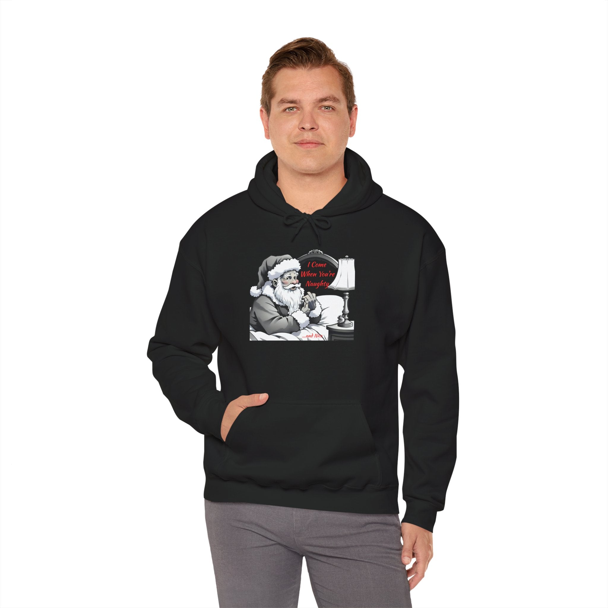 Adult Themed Santa In Bed Hoodie - 'I Come When You're Naughty' Christmas Attire